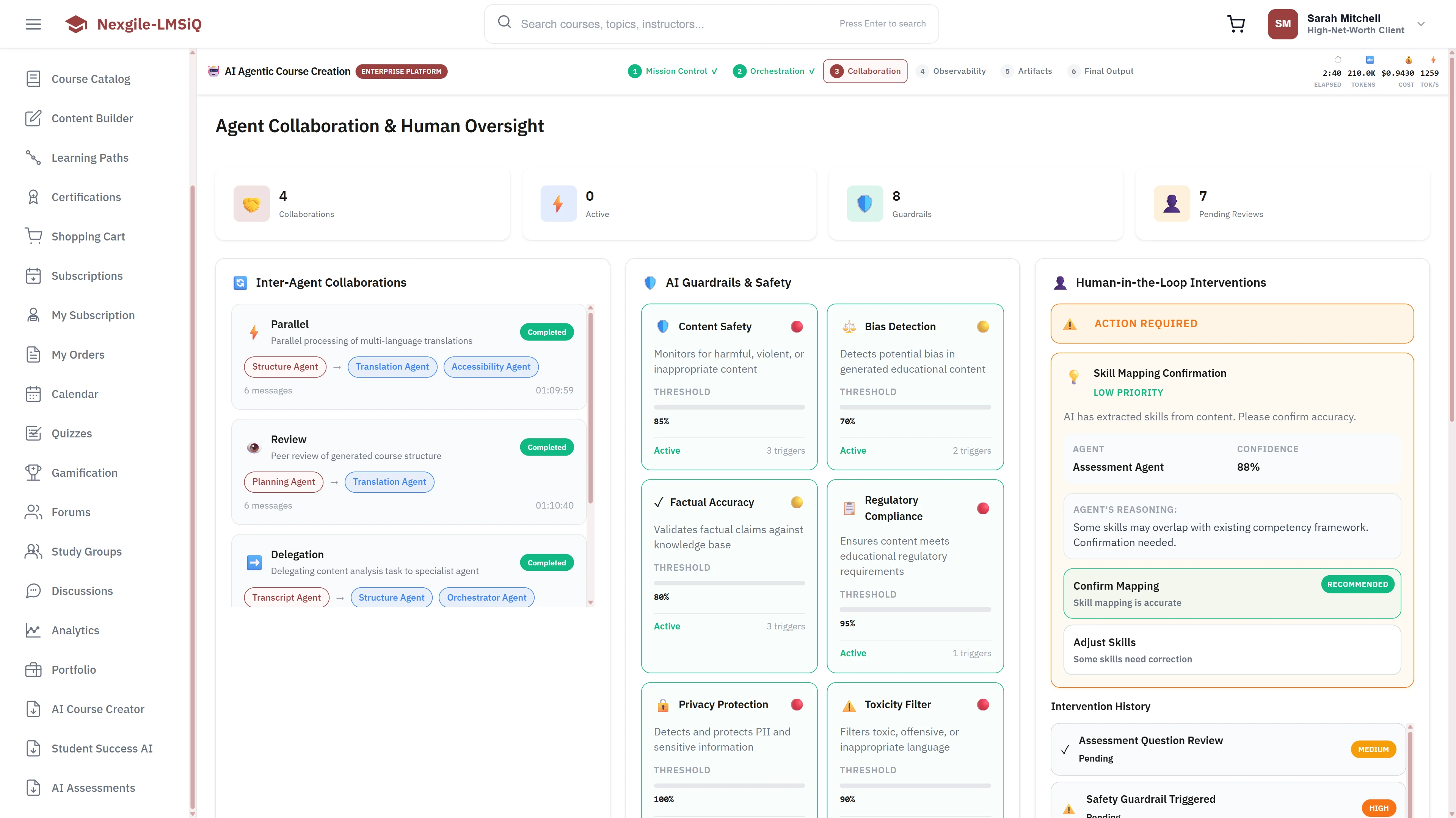Illustrative preview (sample data, not verified outcomes): Agent Collaboration & Human Oversight - Inter-agent collaborations, AI Guardrails & Safety checks (content safety, bias detection, factual accuracy, compliance), and Human-in-the-Loop interventions