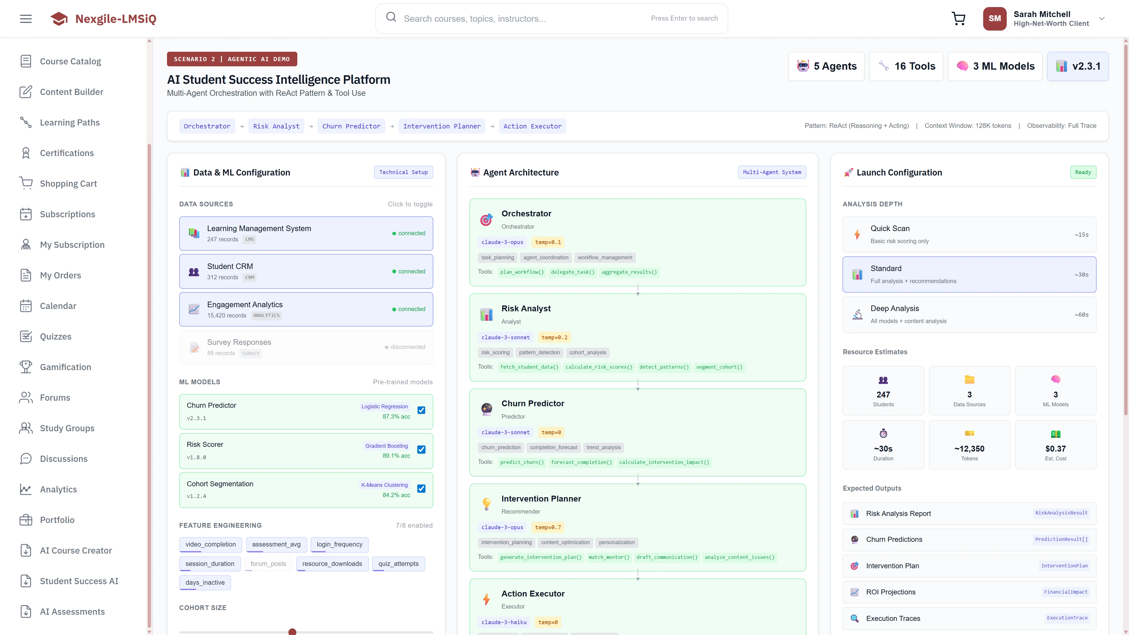 Illustrative preview (sample data, not verified outcomes): AI Student Success Intelligence Platform - Data & ML configuration, Agent Architecture (Orchestrator, Risk Analyst, Churn Predictor, Intervention Planner, Action Executor), and Launch Configuration