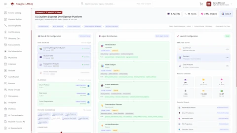 Illustrative preview (sample data, not verified outcomes): AI Student Success Intelligence Platform - Data & ML configuration, Agent Architecture (Orchestrator, Risk Analyst, Churn Predictor, Intervention Planner, Action Executor), and Launch Configuration