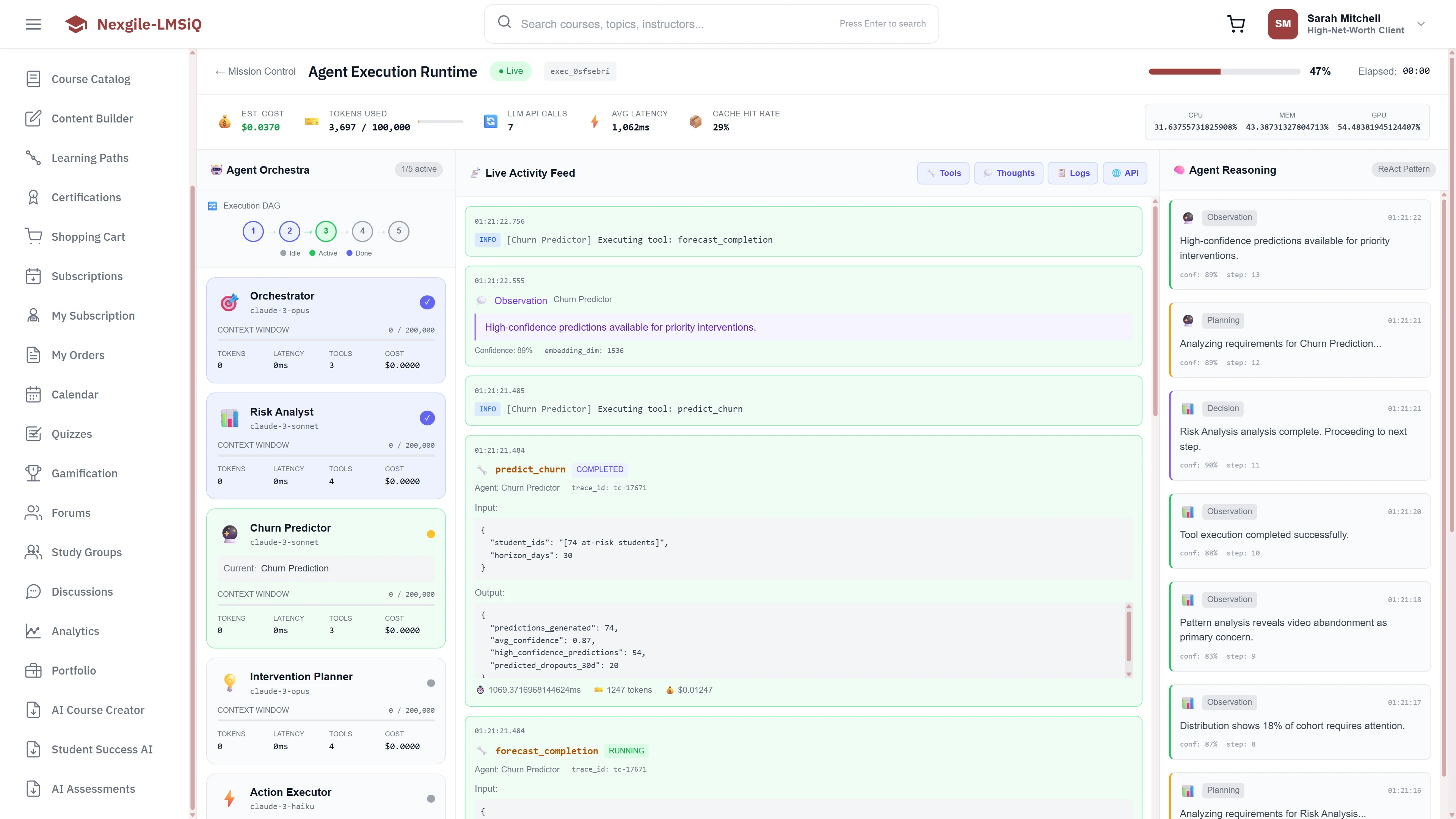 Illustrative preview (sample data, not verified outcomes): Agent Execution Runtime - Agent Orchestra with live activity feed, real-time code execution, and Agent Reasoning panel showing analysis progress