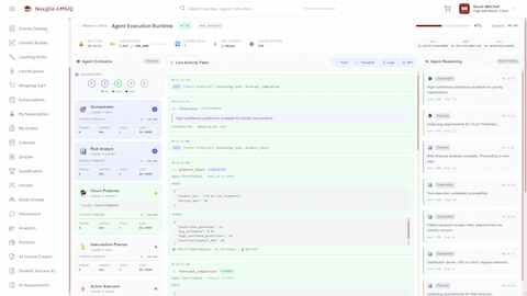 Illustrative preview (sample data, not verified outcomes): Agent Execution Runtime - Agent Orchestra with live activity feed, real-time code execution, and Agent Reasoning panel showing analysis progress
