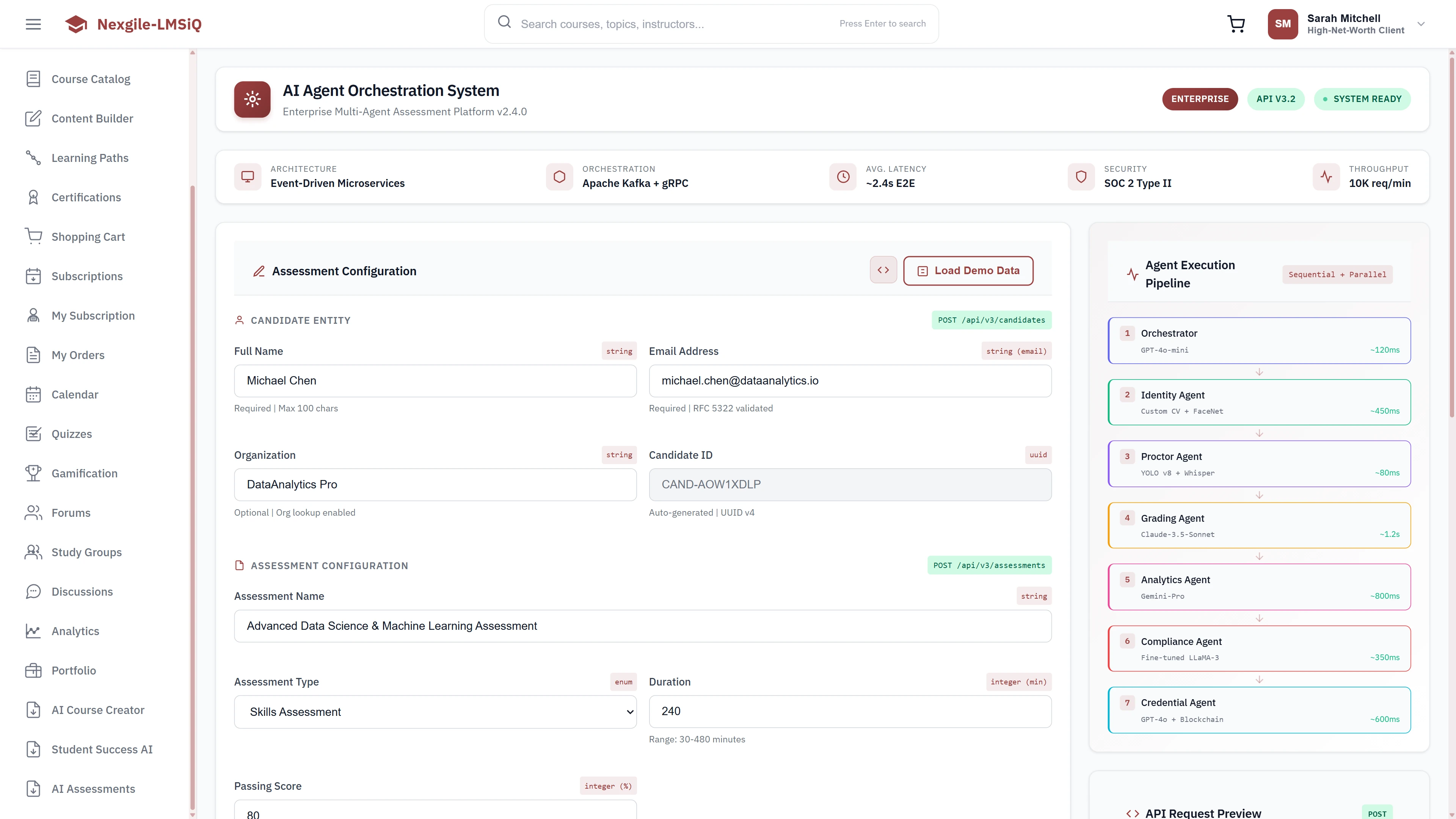 Illustrative preview (sample data, not verified outcomes): AI Agent Orchestration System - Assessment Configuration with candidate profile, assessment name, assessment type, passing score, and Agent Execution Pipeline preview
