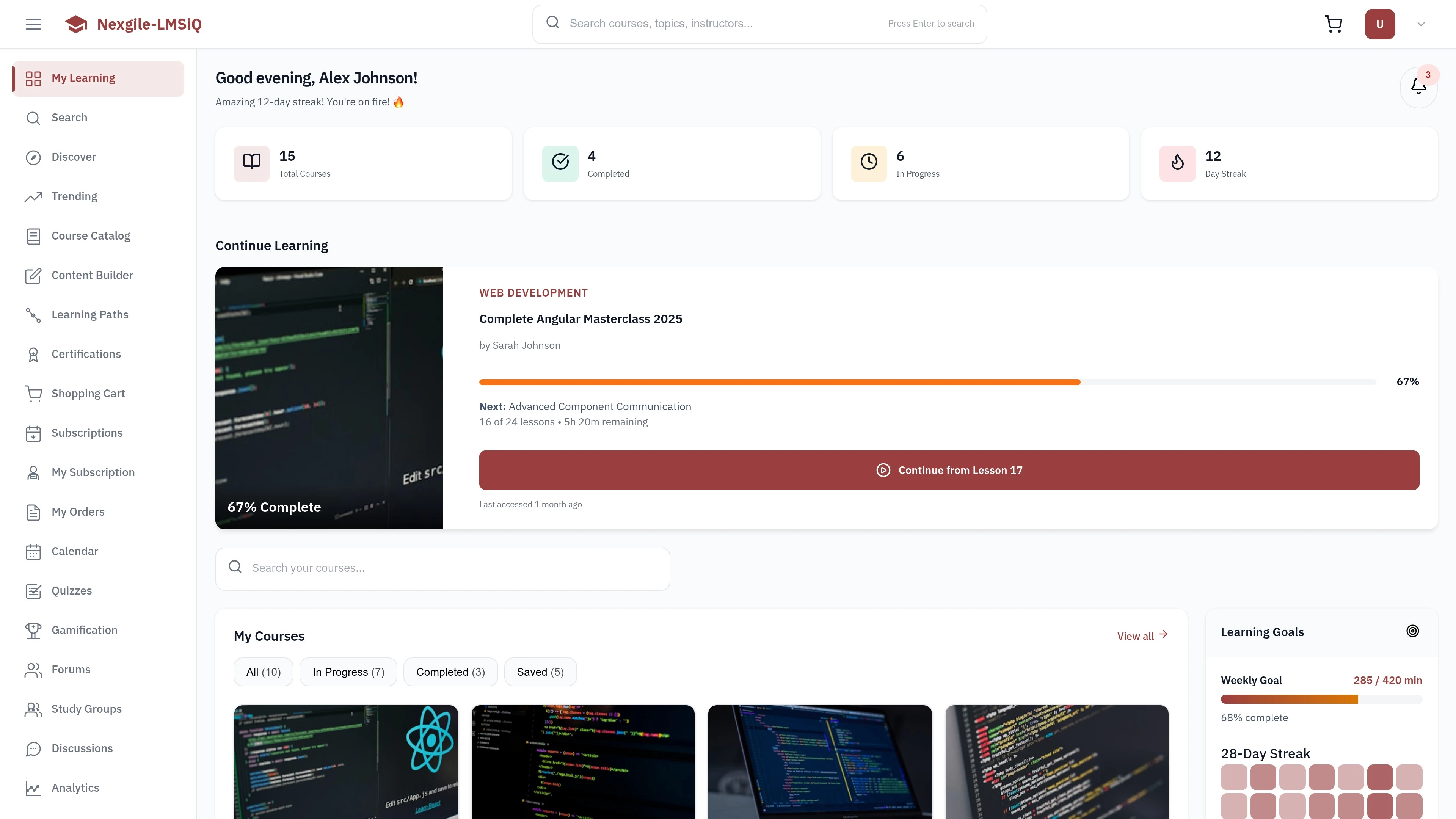 Illustrative preview (sample data, not verified outcomes): My Learning Dashboard - Personalized course overview and learning progress tracking