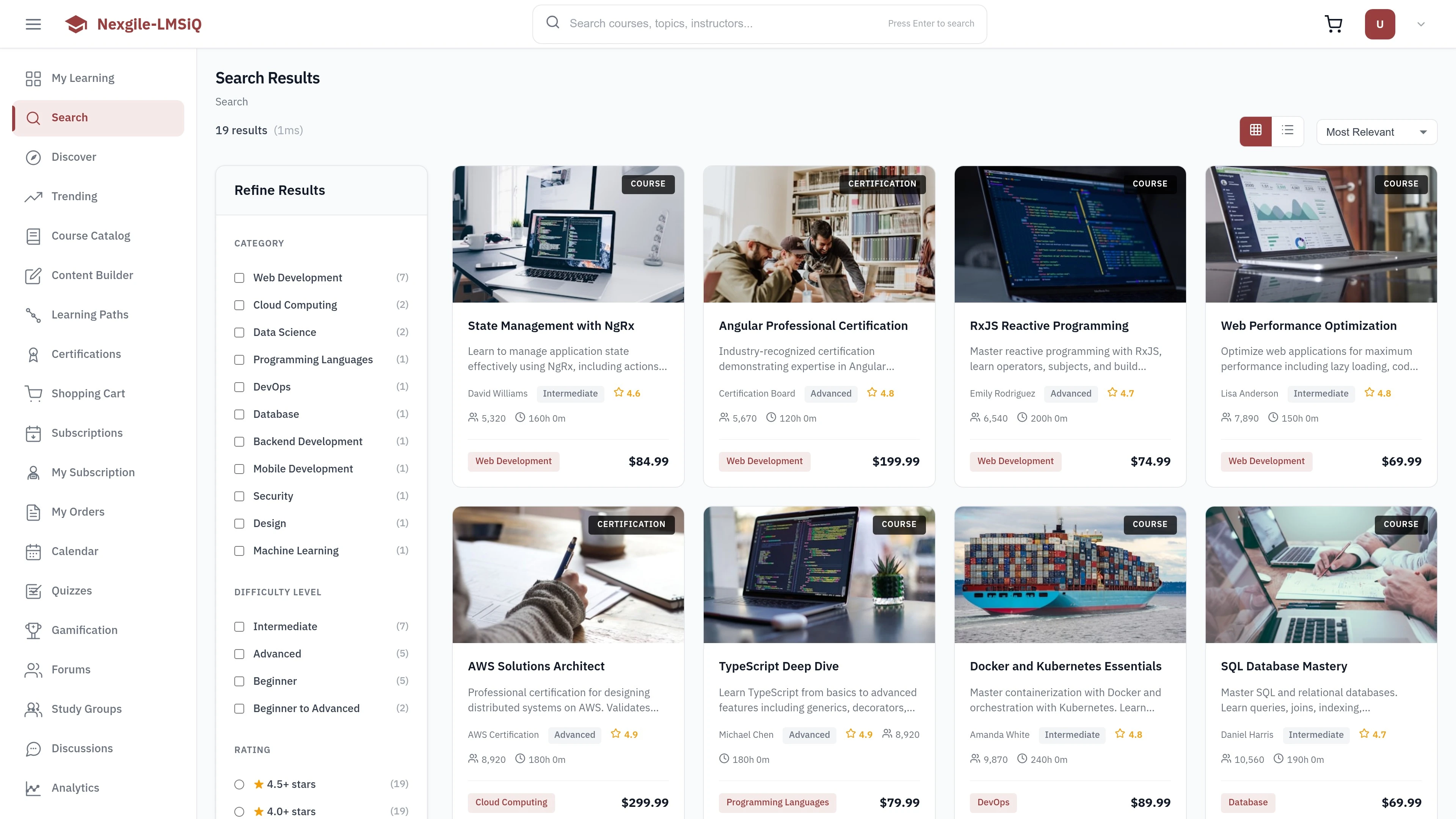 Illustrative preview (sample data, not verified outcomes): Search Results screen displaying intelligent course discovery with semantic matching and filtering