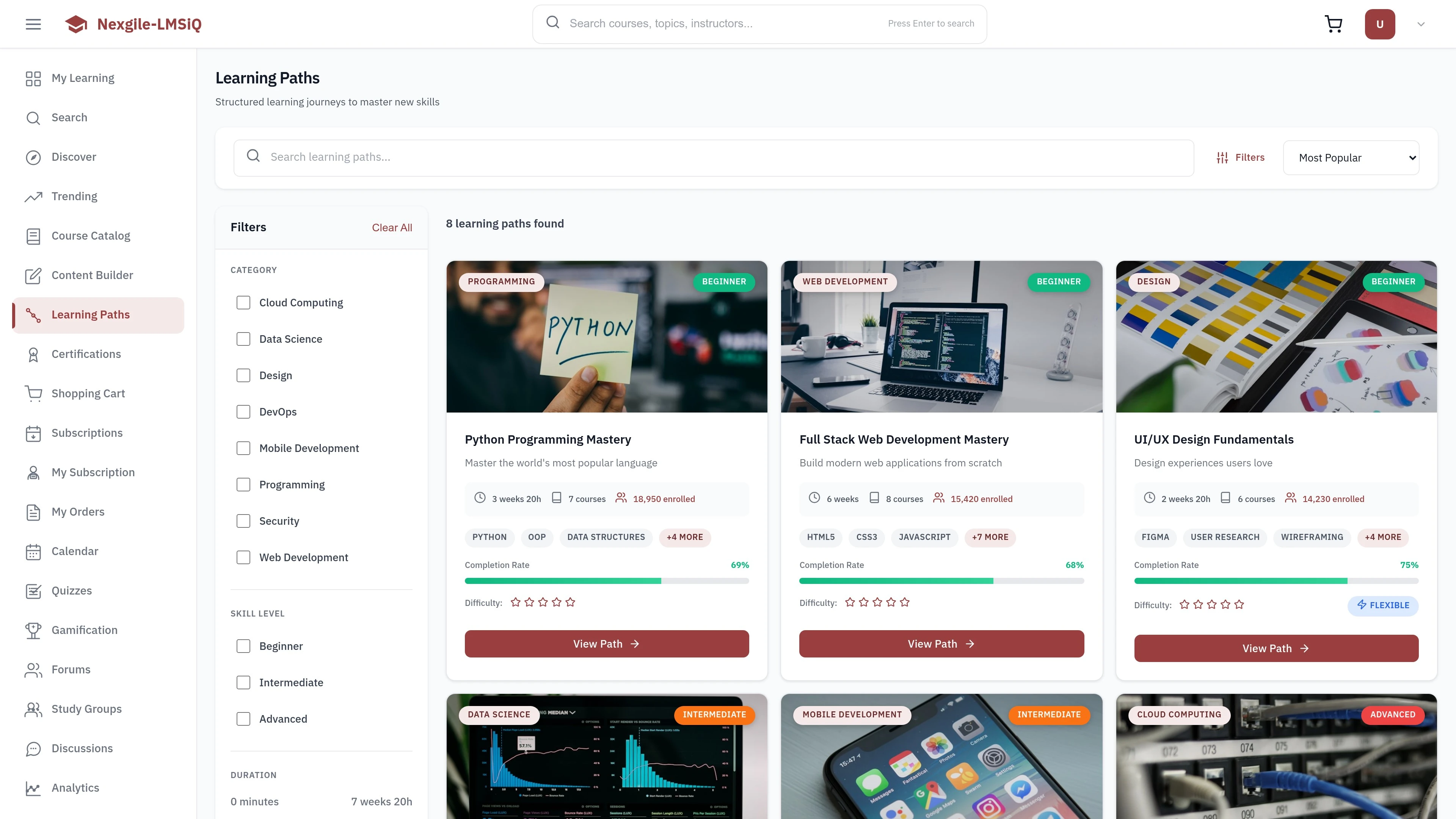 Illustrative preview (sample data, not verified outcomes): Learning Paths screen showing structured course progression and personalized learning dashboard