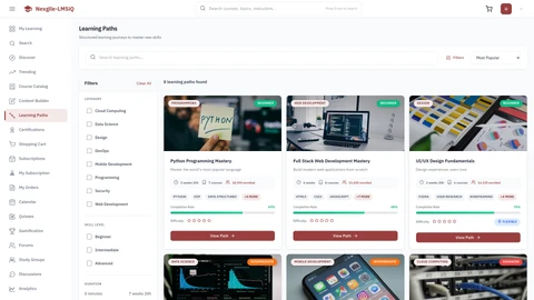 Illustrative preview (sample data, not verified outcomes): Learning Paths screen showing structured course progression and personalized learning dashboard
