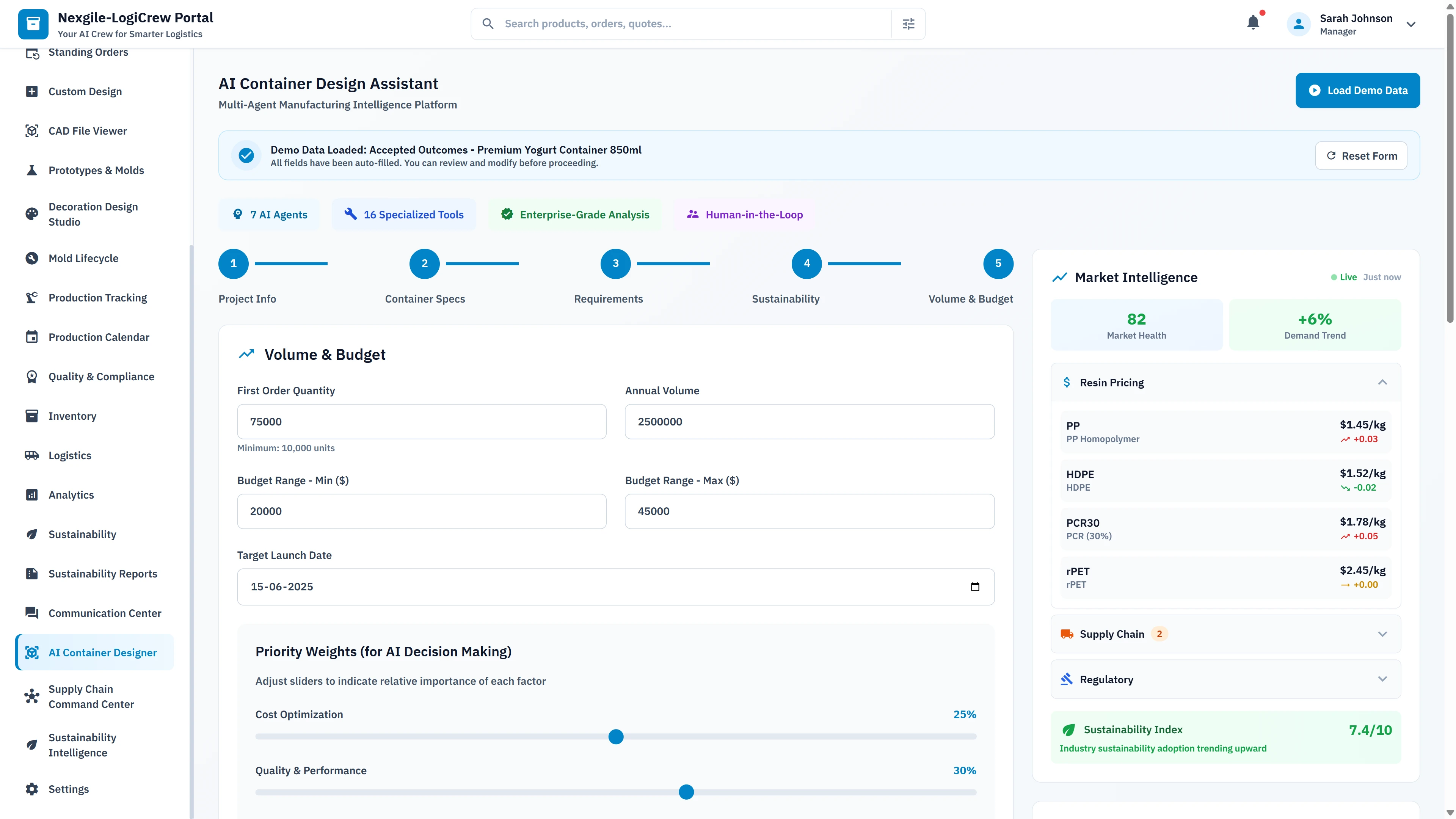 Illustrative preview (sample data, not verified outcomes): Design input wizard with volume & budget configuration, priority weights for AI decision making, and real-time market intelligence panel showing resin pricing and supply chain status