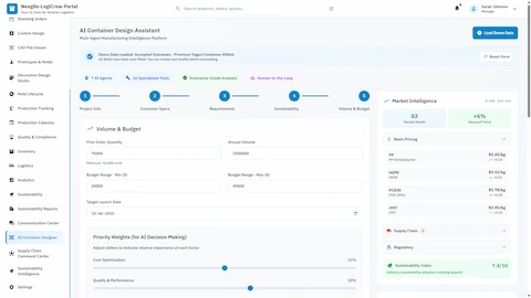 Illustrative preview (sample data, not verified outcomes): Design input wizard with volume & budget configuration, priority weights for AI decision making, and real-time market intelligence panel showing resin pricing and supply chain status