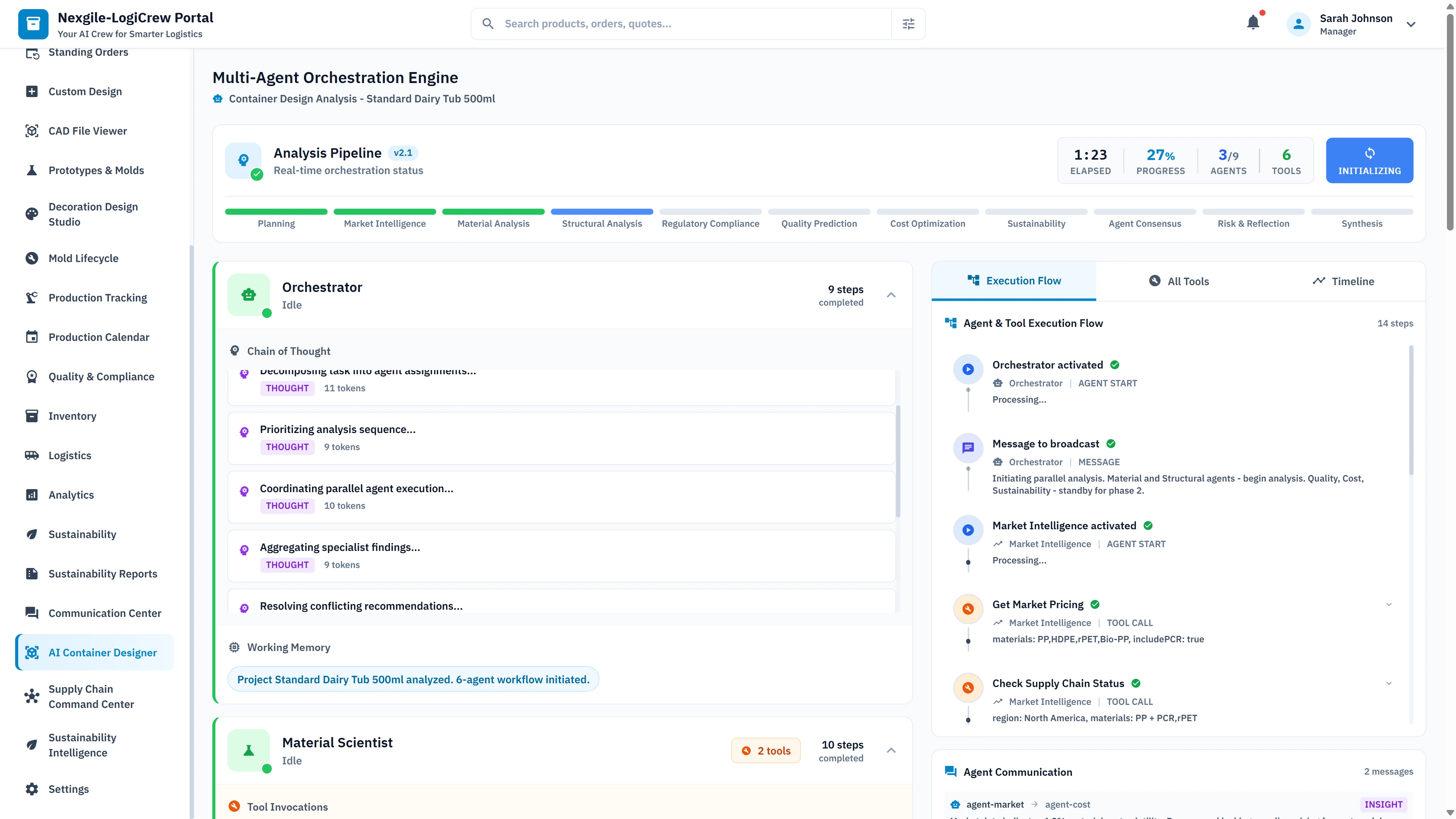 Illustrative preview (sample data, not verified outcomes): Multi-Agent Orchestration Engine showing real-time analysis pipeline with Orchestrator and Material Scientist agents, chain-of-thought reasoning, and inter-agent communication