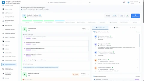 Illustrative preview (sample data, not verified outcomes): Multi-Agent Orchestration Engine showing real-time analysis pipeline with Orchestrator and Material Scientist agents, chain-of-thought reasoning, and inter-agent communication