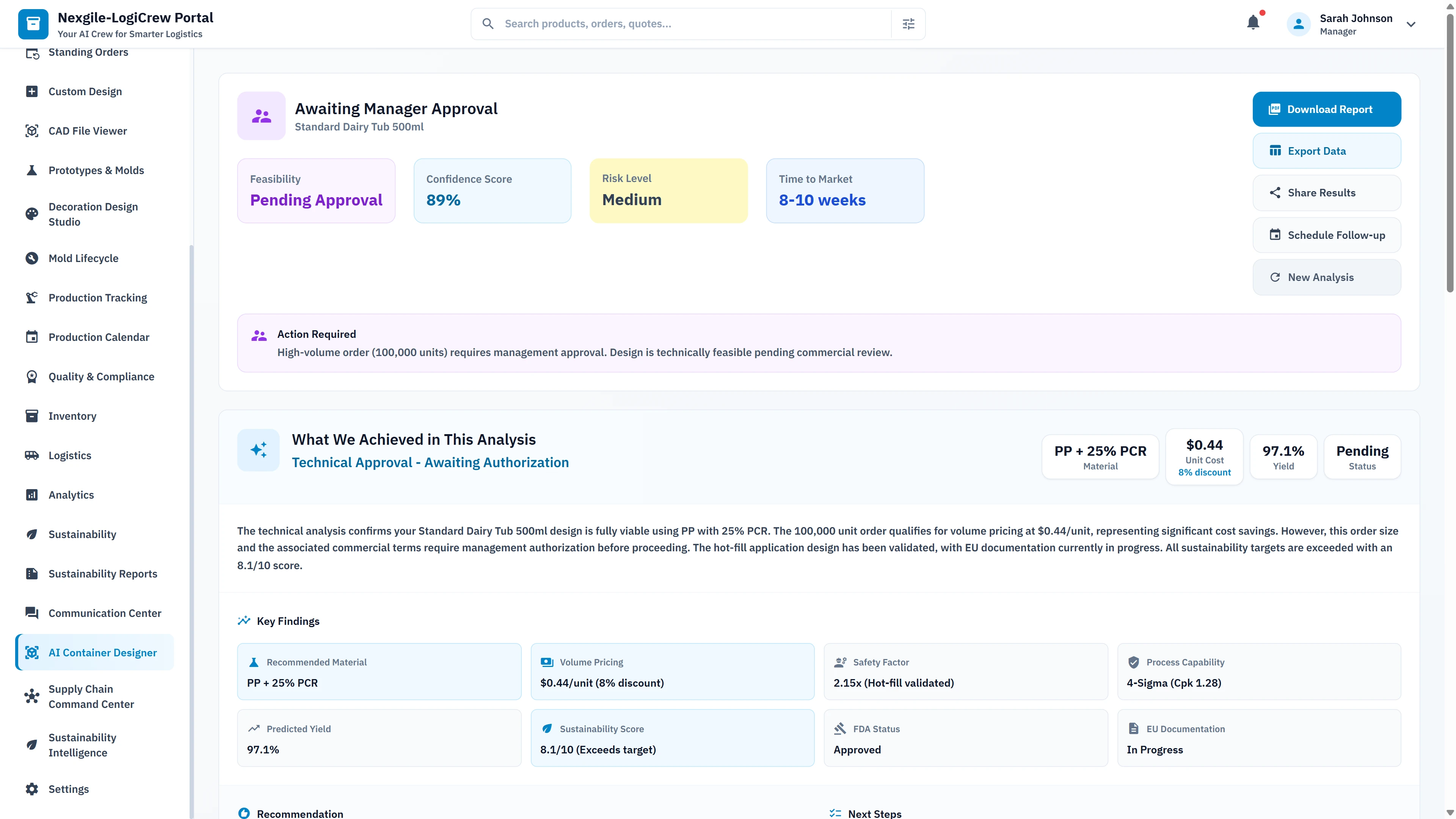 Illustrative preview (sample data, not verified outcomes): Human-in-the-Loop approval gate displaying pending manager approval, key findings summary with PCR content, pricing, and process capability metrics