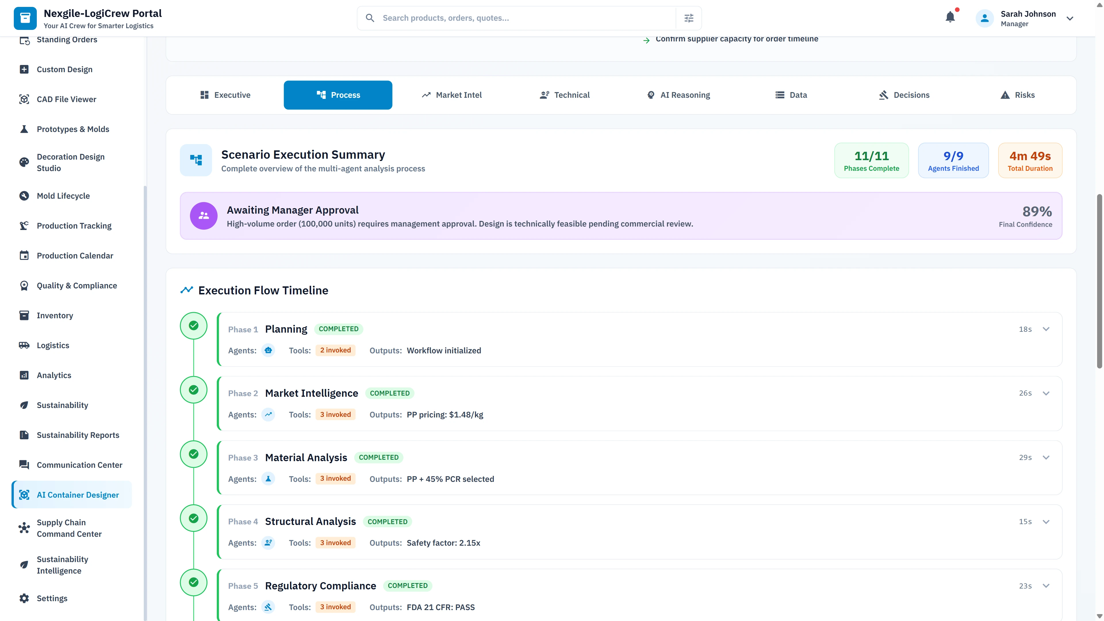 Illustrative preview (sample data, not verified outcomes): Scenario Execution Summary with completed workflow timeline showing Planning, Market Intelligence, Material Analysis, Structural Analysis, and Regulatory Compliance phases