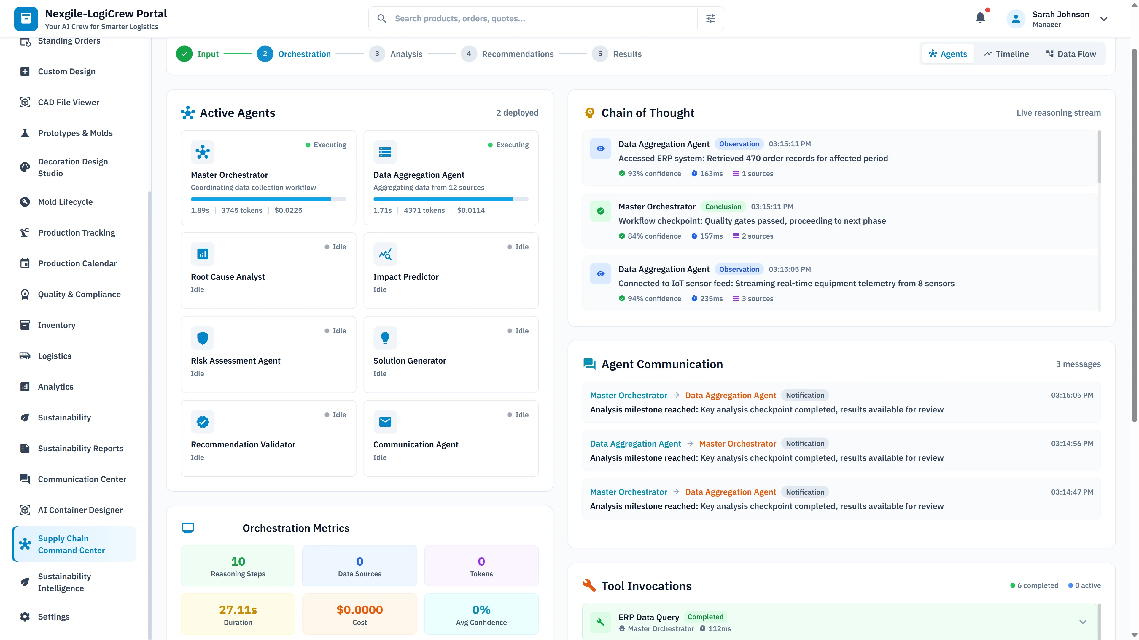 Illustrative preview (sample data, not verified outcomes): Active agents dashboard showing 8 specialized agents with orchestration metrics, chain-of-thought reasoning panel, and real-time agent communication logs