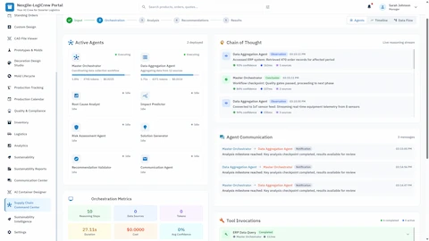 Illustrative preview (sample data, not verified outcomes): Active agents dashboard showing 8 specialized agents with orchestration metrics, chain-of-thought reasoning panel, and real-time agent communication logs