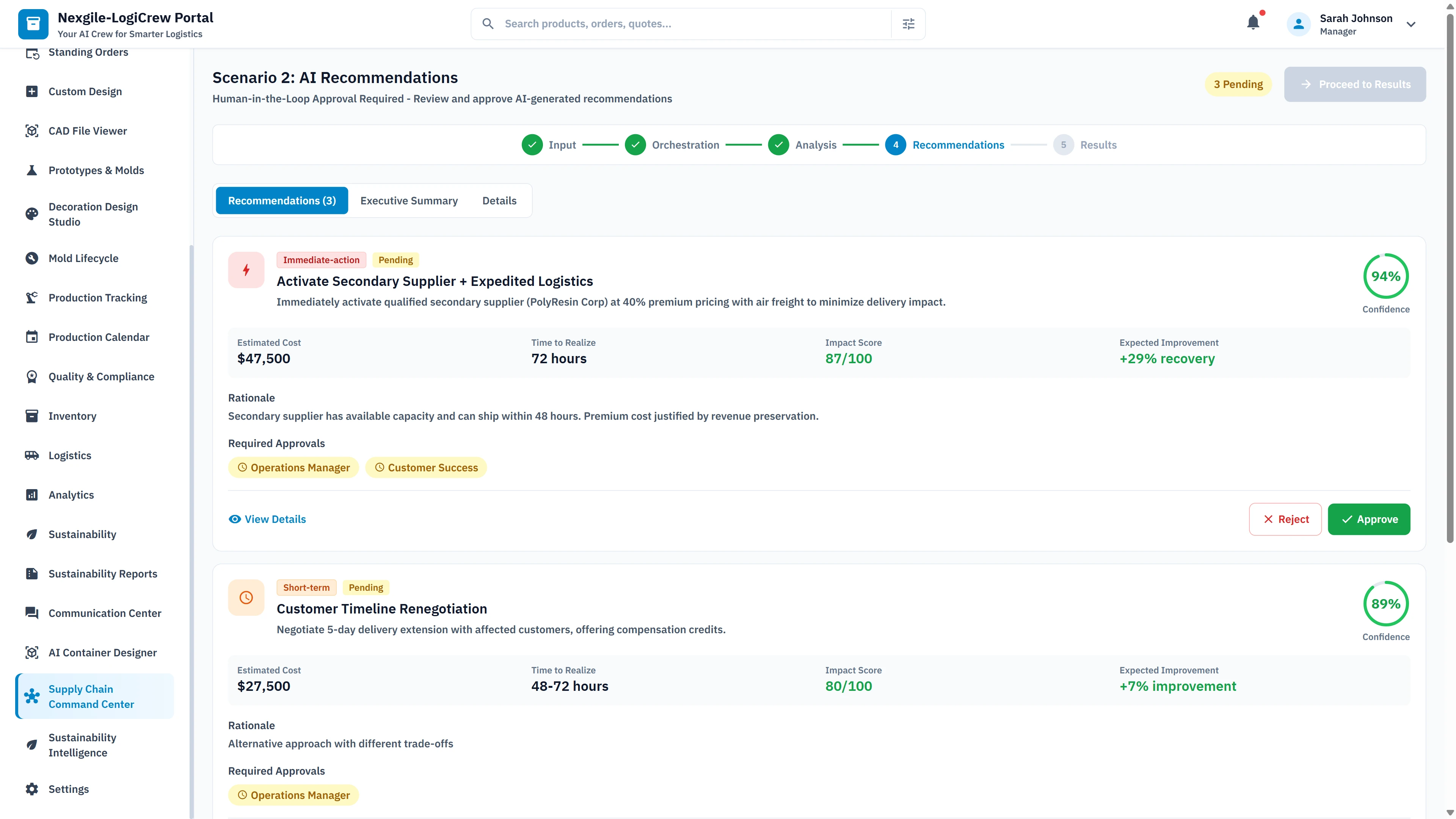 Illustrative preview (sample data, not verified outcomes): AI Recommendations panel with Human-in-the-Loop approval workflow displaying actionable recommendations with cost, time-to-resolve, and expected improvement metrics