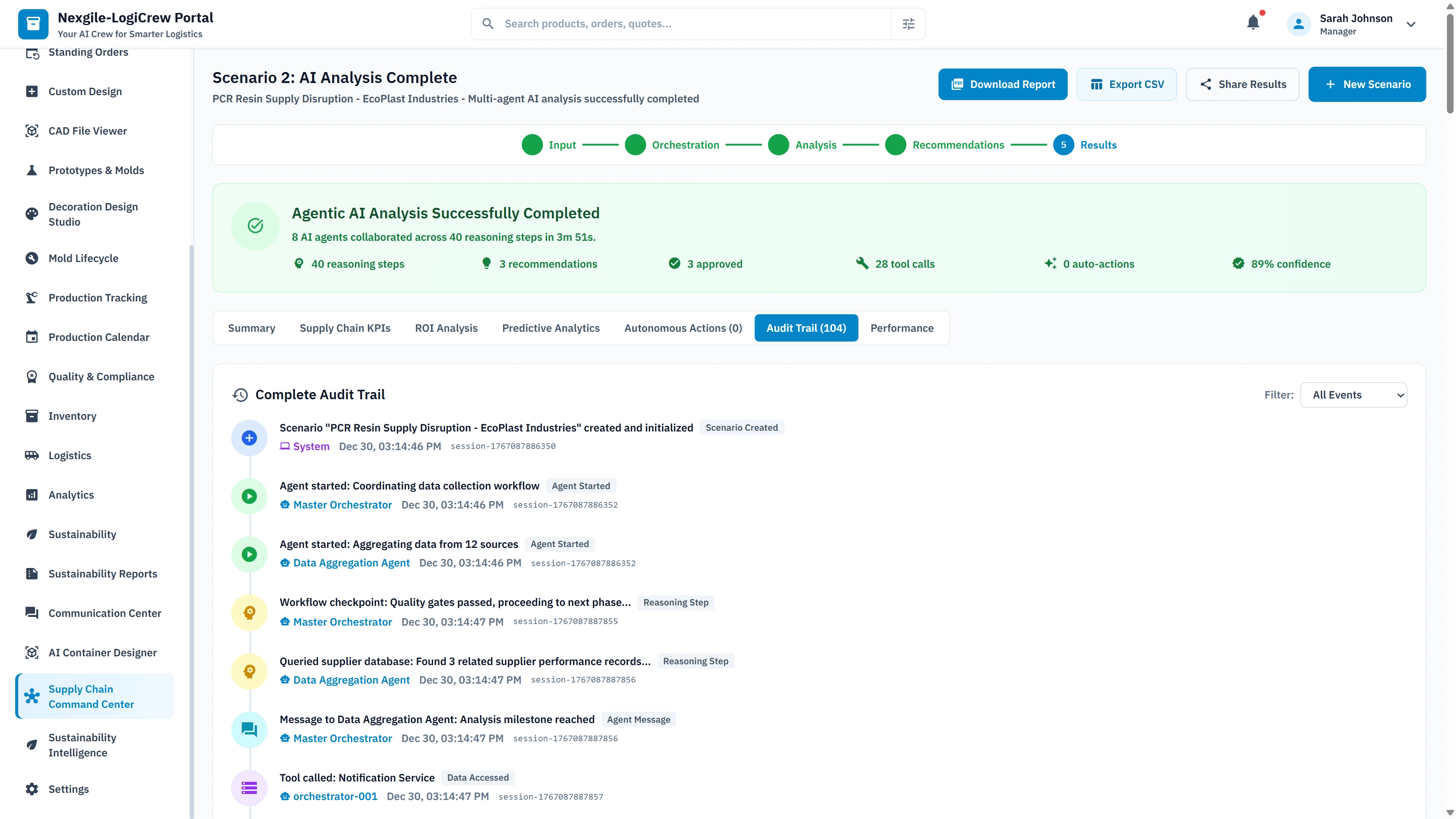 Illustrative preview (sample data, not verified outcomes): Complete audit trail with timestamped agent activities, workflow checkpoints, inter-agent messaging, and tool invocations for compliance documentation