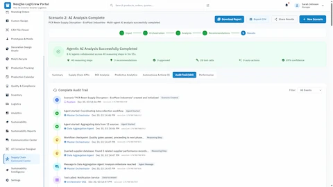 Illustrative preview (sample data, not verified outcomes): Complete audit trail with timestamped agent activities, workflow checkpoints, inter-agent messaging, and tool invocations for compliance documentation