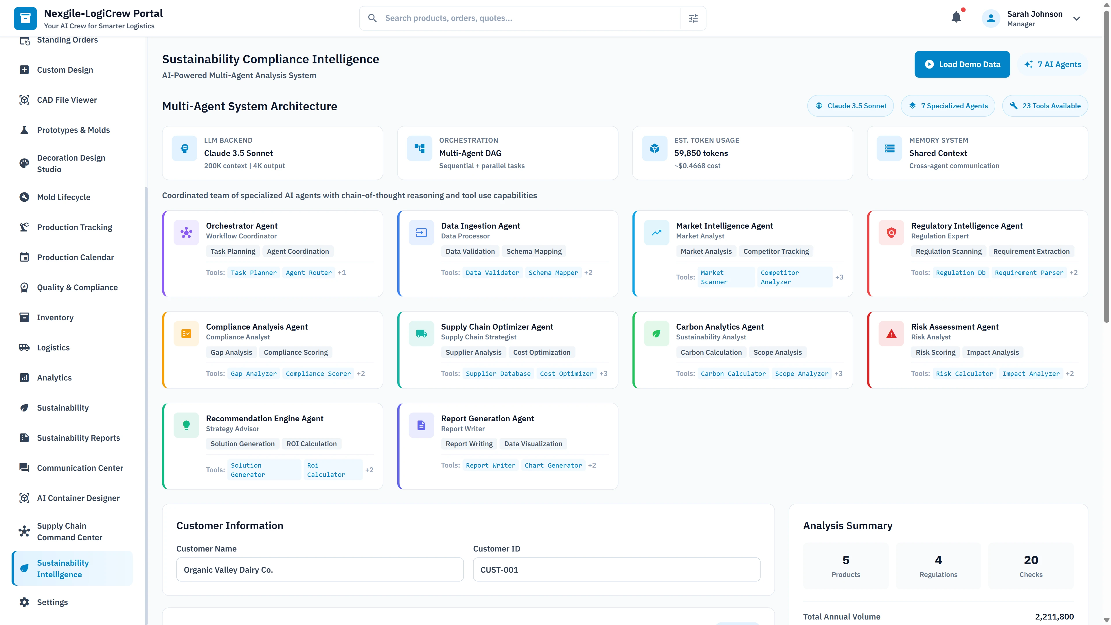 Illustrative preview (sample data, not verified outcomes): Multi-Agent System Architecture overview displaying 10 specialized agents with Claude 3.5 Sonnet backbone, shared context memory, and analysis summary metrics