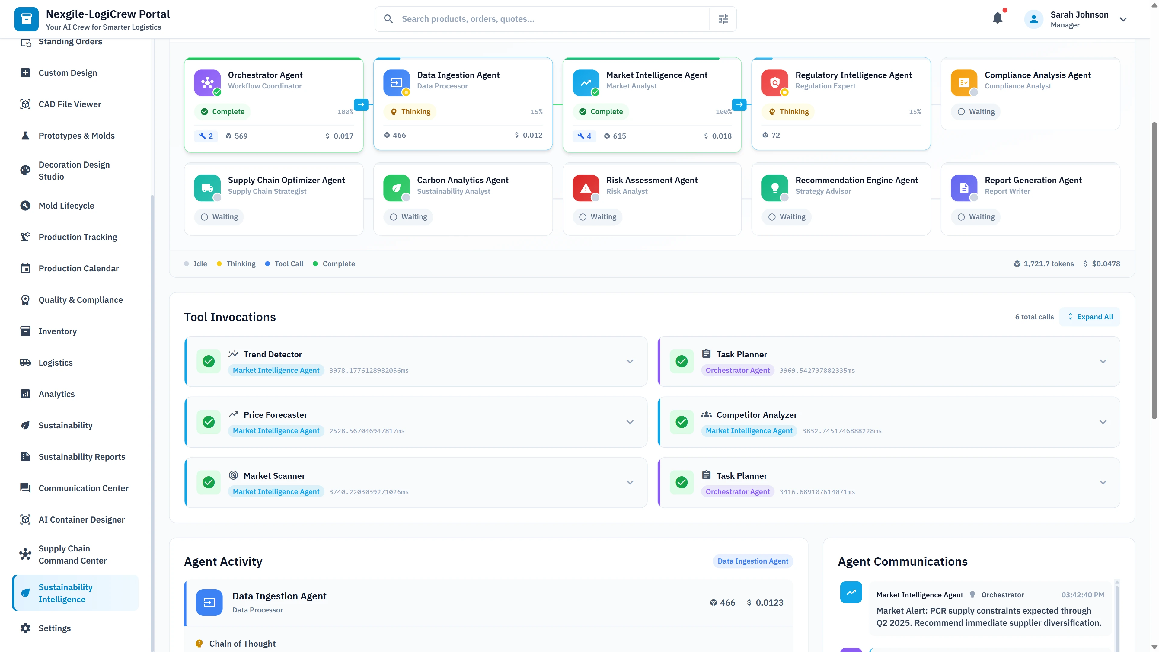 Illustrative preview (sample data, not verified outcomes): Real-time agent execution dashboard with status indicators for all 10 agents, tool invocations panel, and inter-agent communication logs