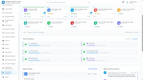 Illustrative preview (sample data, not verified outcomes): Real-time agent execution dashboard with status indicators for all 10 agents, tool invocations panel, and inter-agent communication logs