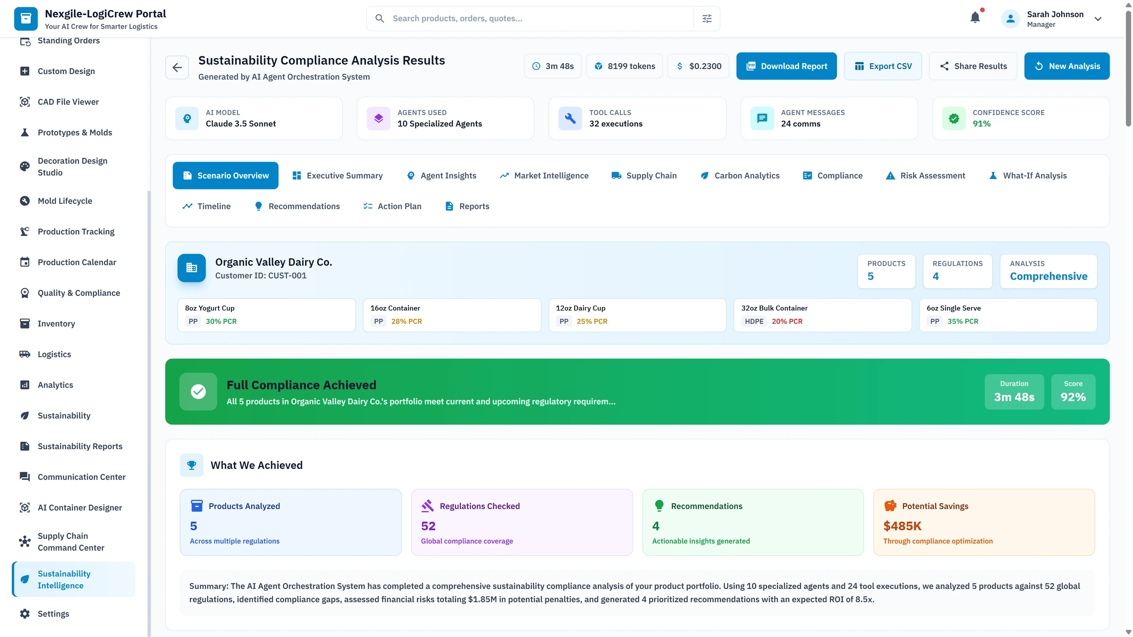 Illustrative preview (sample data, not verified outcomes): Sustainability Compliance Analysis Results showing full compliance achieved with 92% score, product analysis across multiple regulations, and $485K potential savings