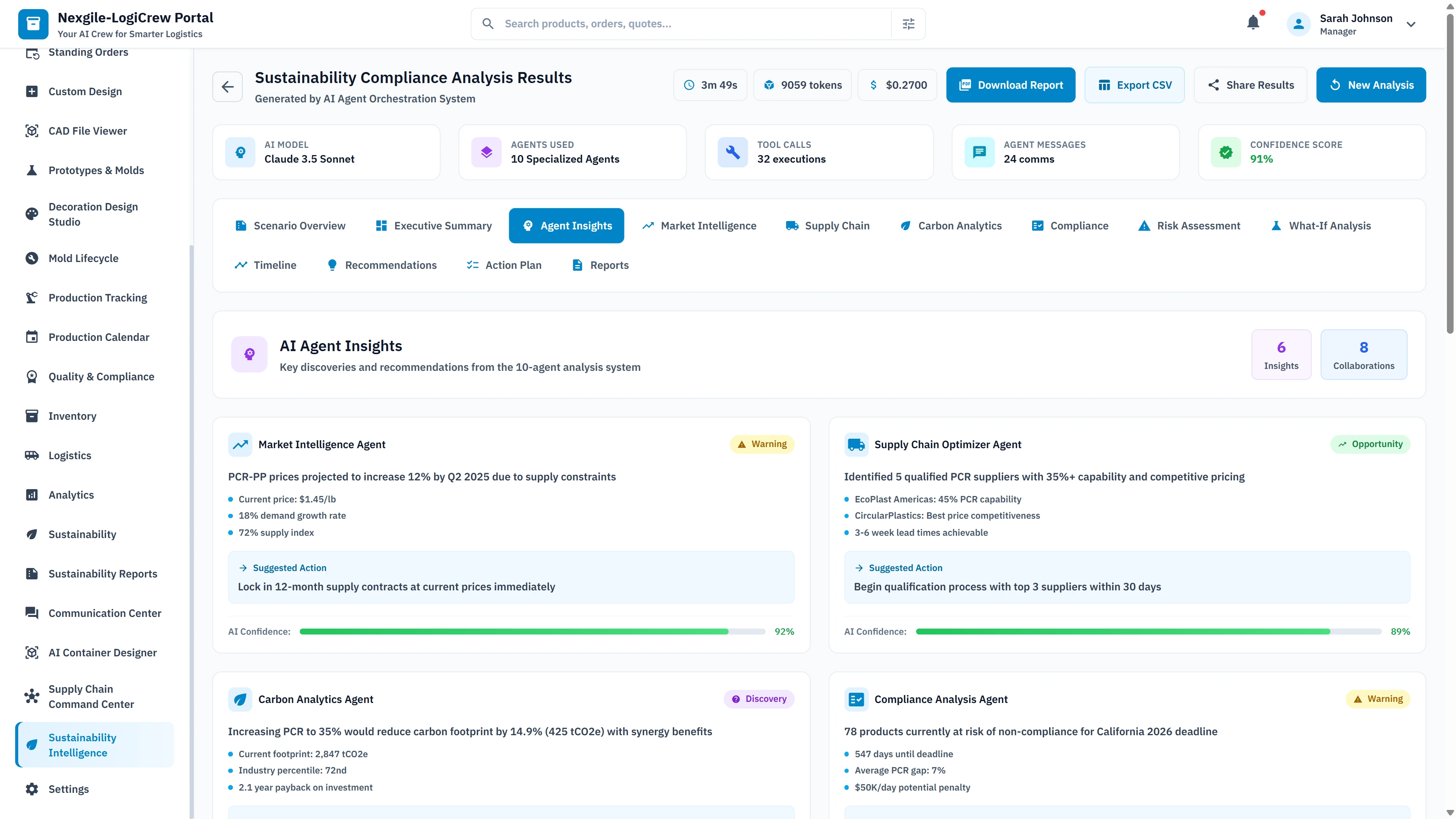 Illustrative preview (sample data, not verified outcomes): AI Agent Insights panel with Market Intelligence and Supply Chain Optimizer recommendations, Carbon Analytics findings, and Compliance Analysis alerts