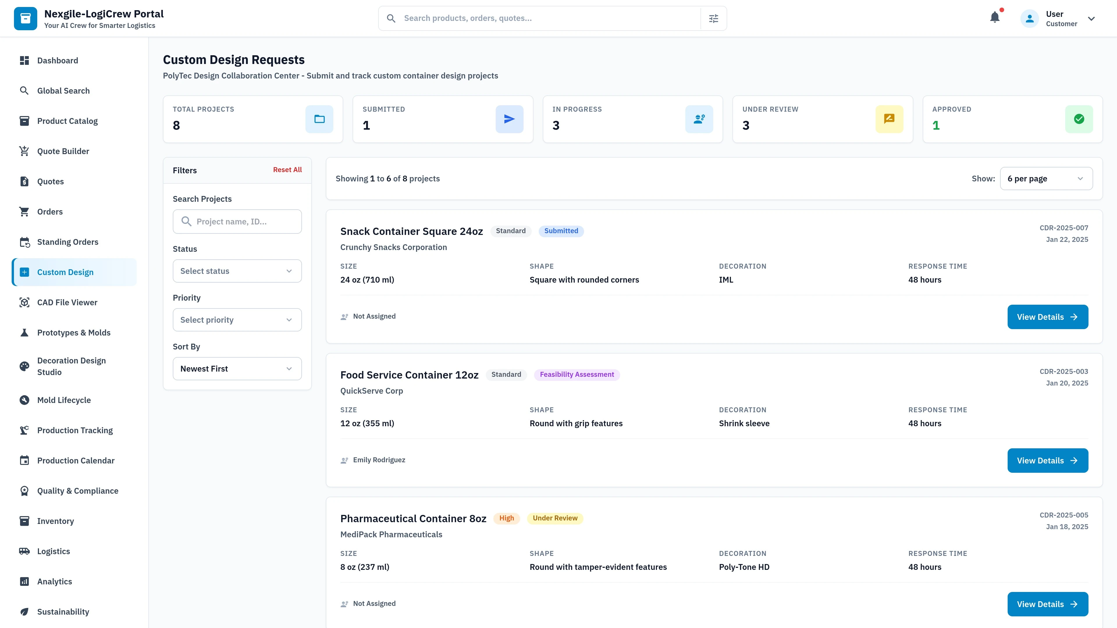 Illustrative preview (sample data, not verified outcomes): Custom Requests page - B2B portal for managing custom container requests