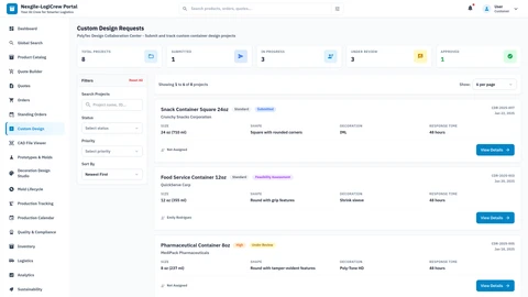 Illustrative preview (sample data, not verified outcomes): Custom Requests page - B2B portal for managing custom container requests
