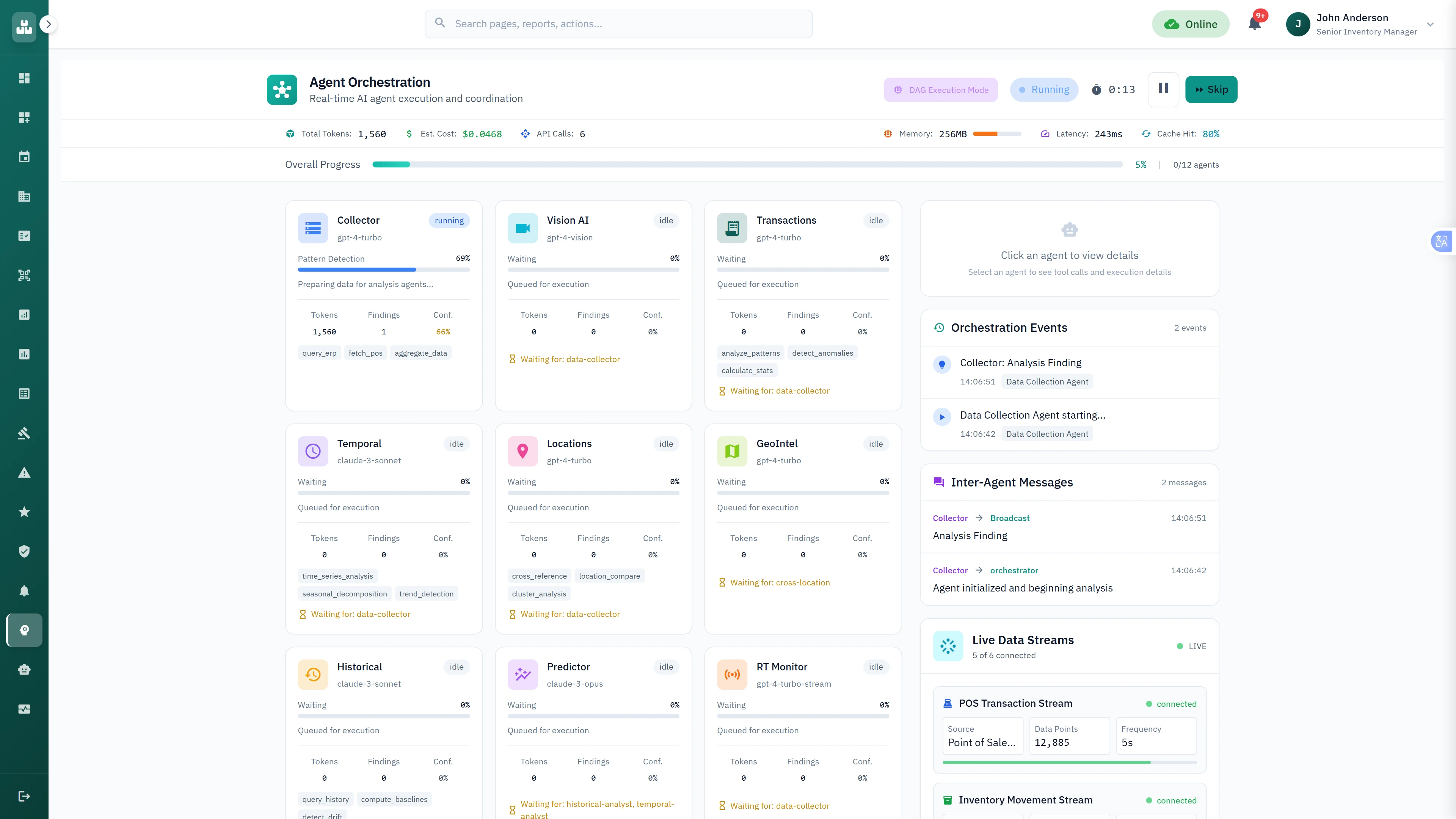 Illustrative preview (sample data, not verified outcomes): Real-time multi-agent orchestration displaying 12 AI agents analyzing variance patterns with live data streams