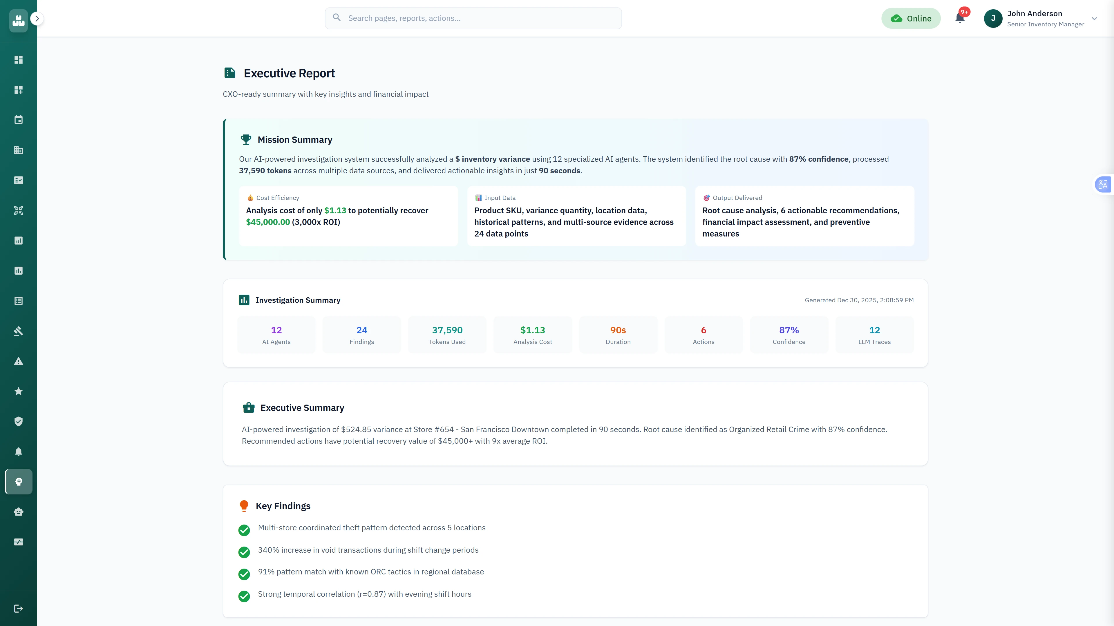 Illustrative preview (sample data, not verified outcomes): Executive Report with ROI analysis, key findings, and actionable recommendations for variance resolution