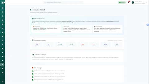 Illustrative preview (sample data, not verified outcomes): Executive Report with ROI analysis, key findings, and actionable recommendations for variance resolution