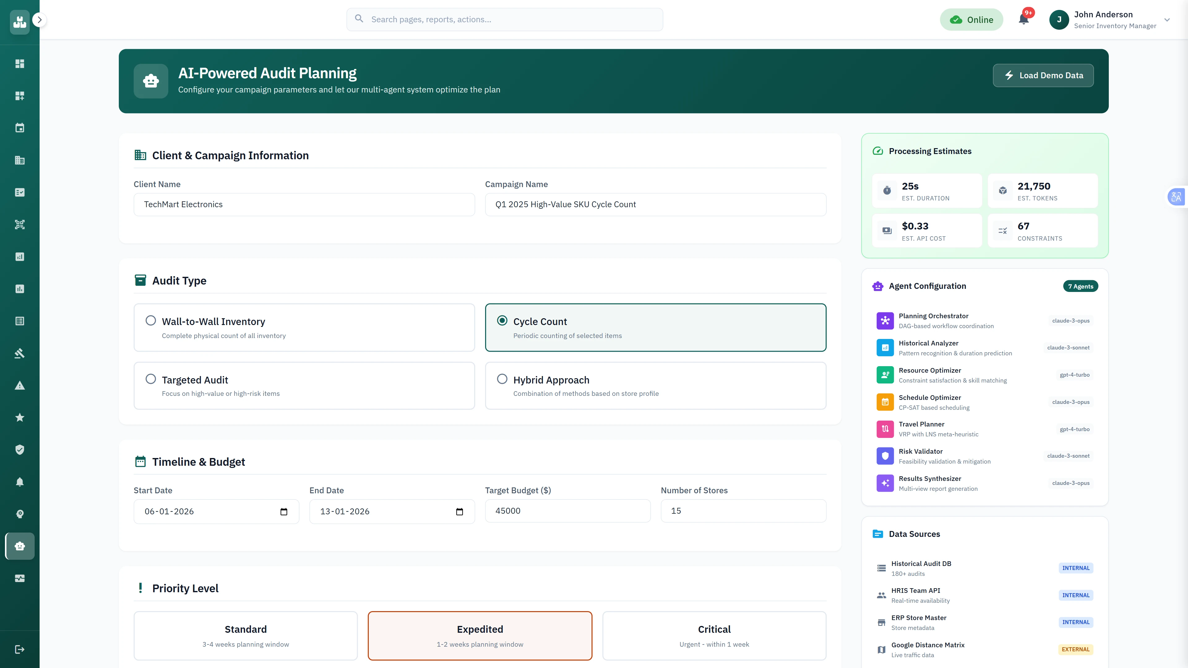 Illustrative preview (sample data, not verified outcomes): Campaign configuration interface with audit type selection, timeline parameters, and 7-agent AI orchestration setup