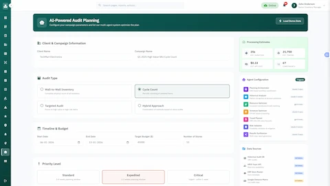 Illustrative preview (sample data, not verified outcomes): Campaign configuration interface with audit type selection, timeline parameters, and 7-agent AI orchestration setup
