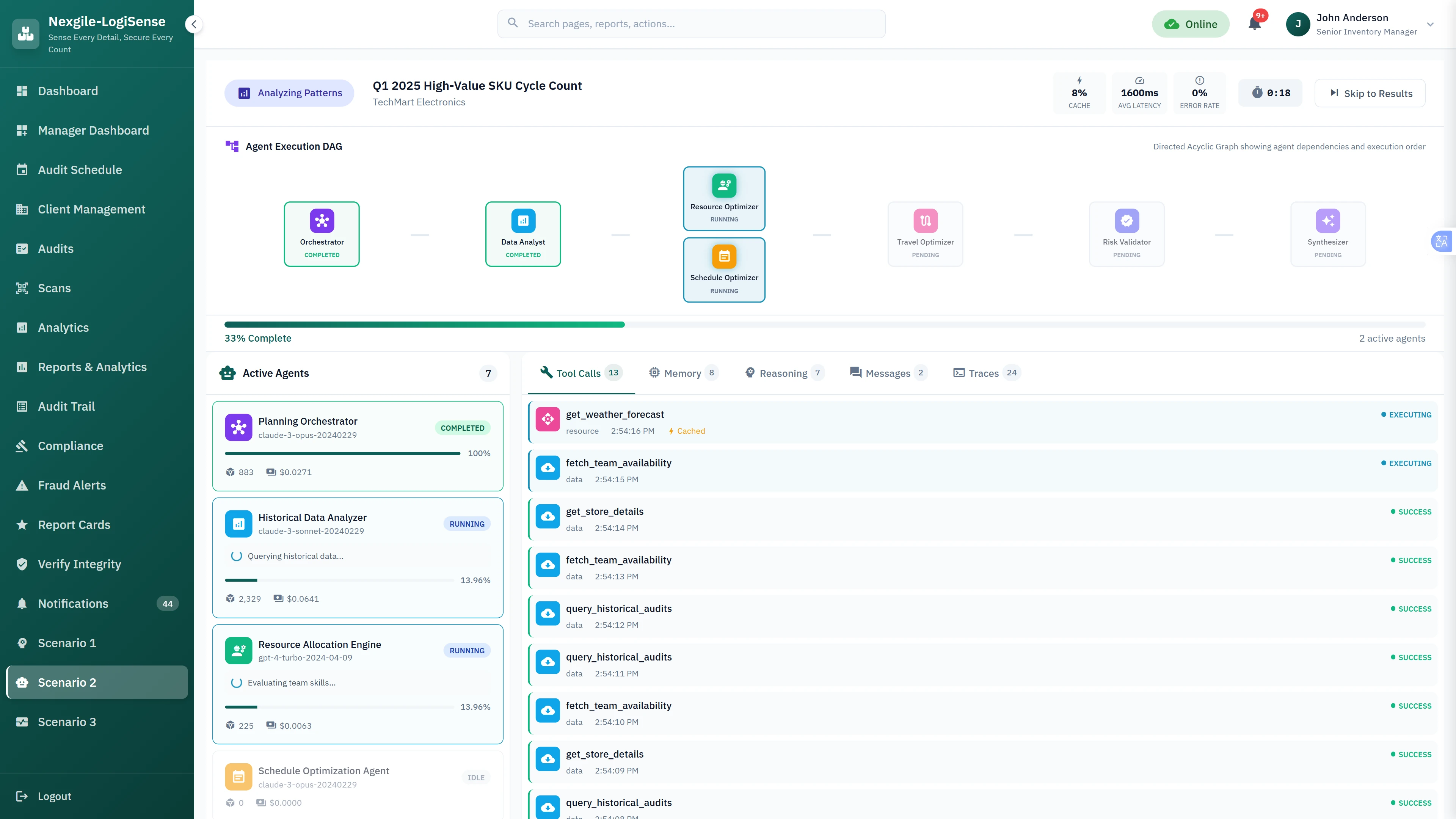 Illustrative preview (sample data, not verified outcomes): Agent Execution DAG showing real-time workflow coordination with agents in various execution states