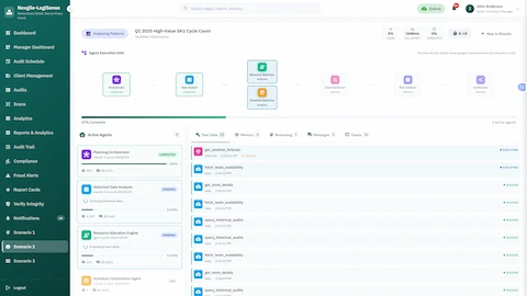 Illustrative preview (sample data, not verified outcomes): Agent Execution DAG showing real-time workflow coordination with agents in various execution states
