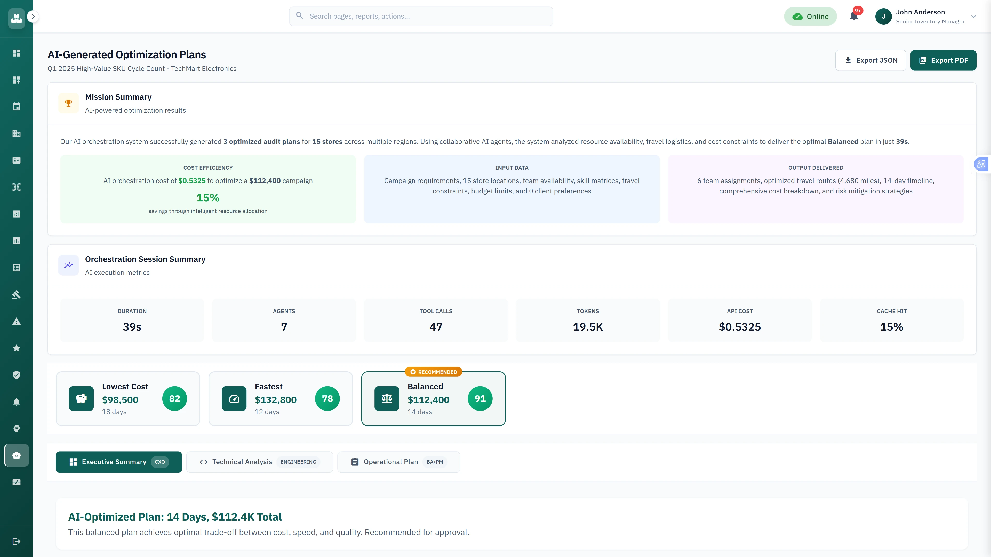 Illustrative preview (sample data, not verified outcomes): AI-generated optimization plans presenting three alternatives with cost analysis and efficiency metrics