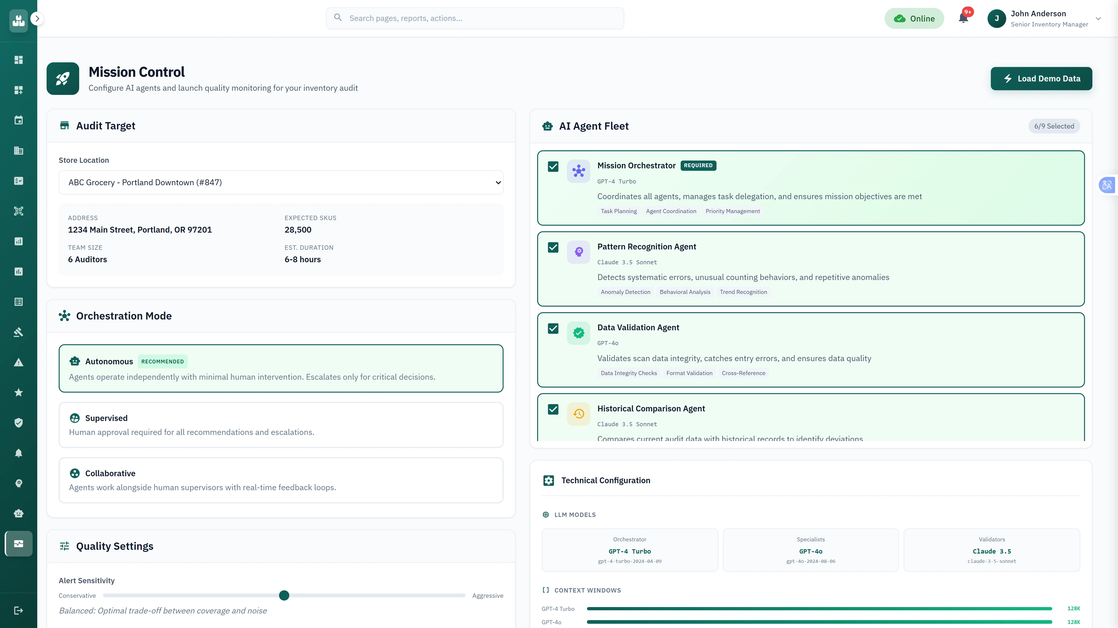 Illustrative preview (sample data, not verified outcomes): Mission Control setup interface for configuring AI agent fleet and orchestration mode for quality monitoring