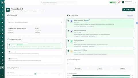 Illustrative preview (sample data, not verified outcomes): Mission Control setup interface for configuring AI agent fleet and orchestration mode for quality monitoring