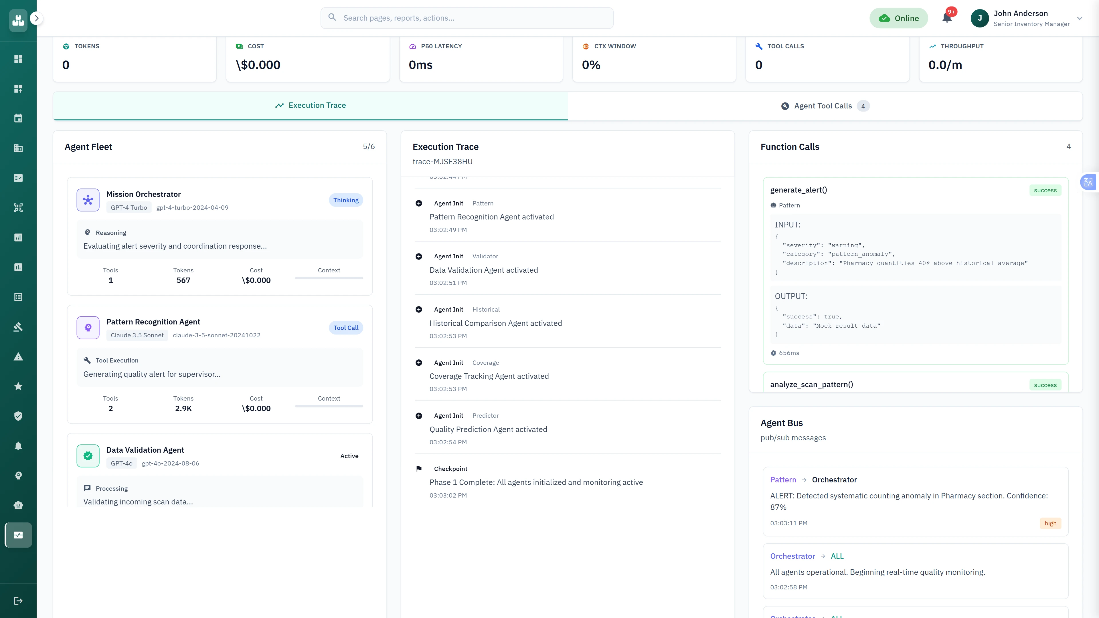 Illustrative preview (sample data, not verified outcomes): Real-time agent orchestration monitoring with execution traces, function calls, and inter-agent communication