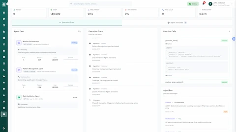 Illustrative preview (sample data, not verified outcomes): Real-time agent orchestration monitoring with execution traces, function calls, and inter-agent communication