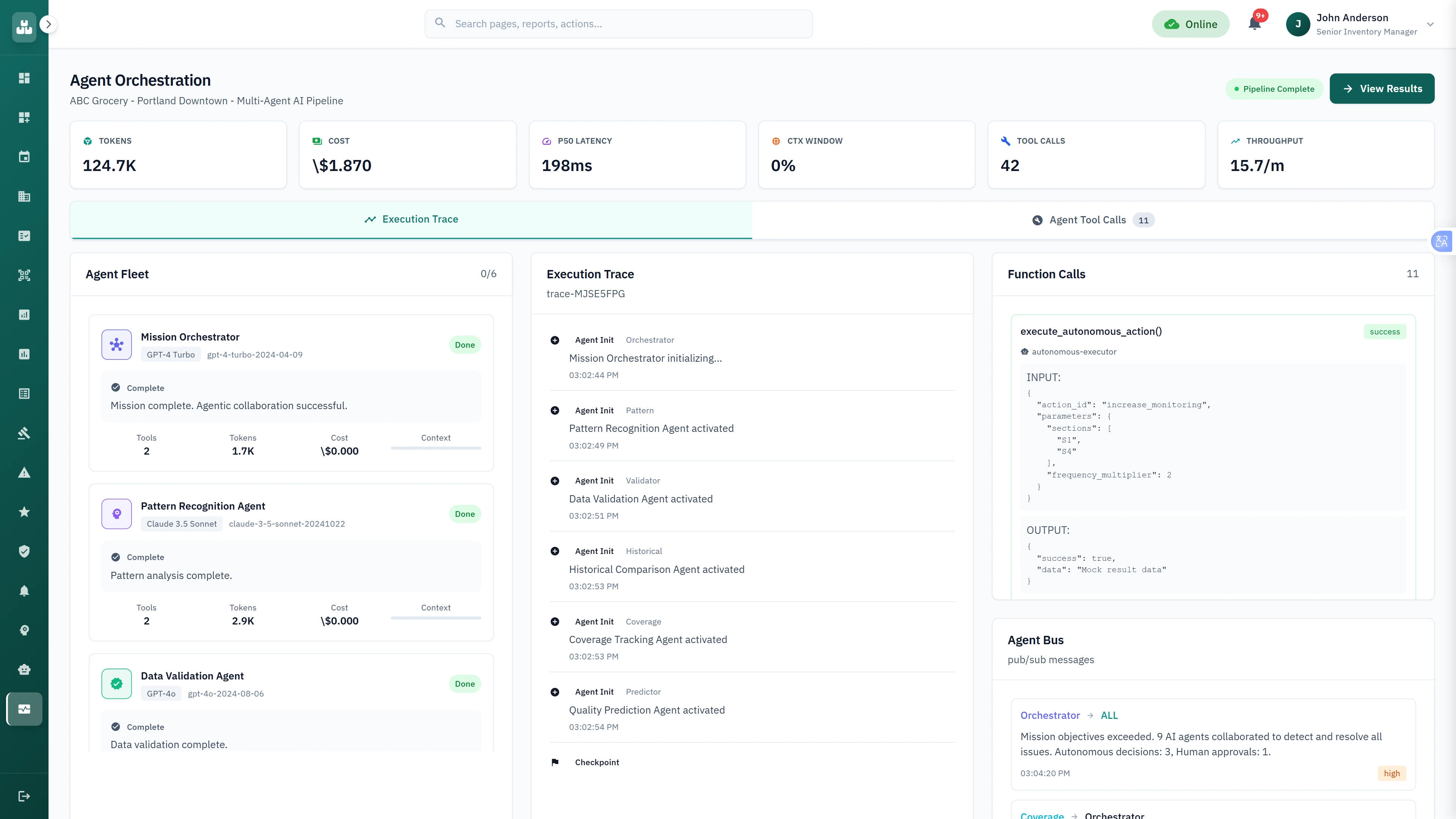 Illustrative preview (sample data, not verified outcomes): Completed quality control mission showing agent collaboration results and performance metrics