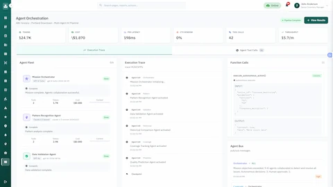 Illustrative preview (sample data, not verified outcomes): Completed quality control mission showing agent collaboration results and performance metrics