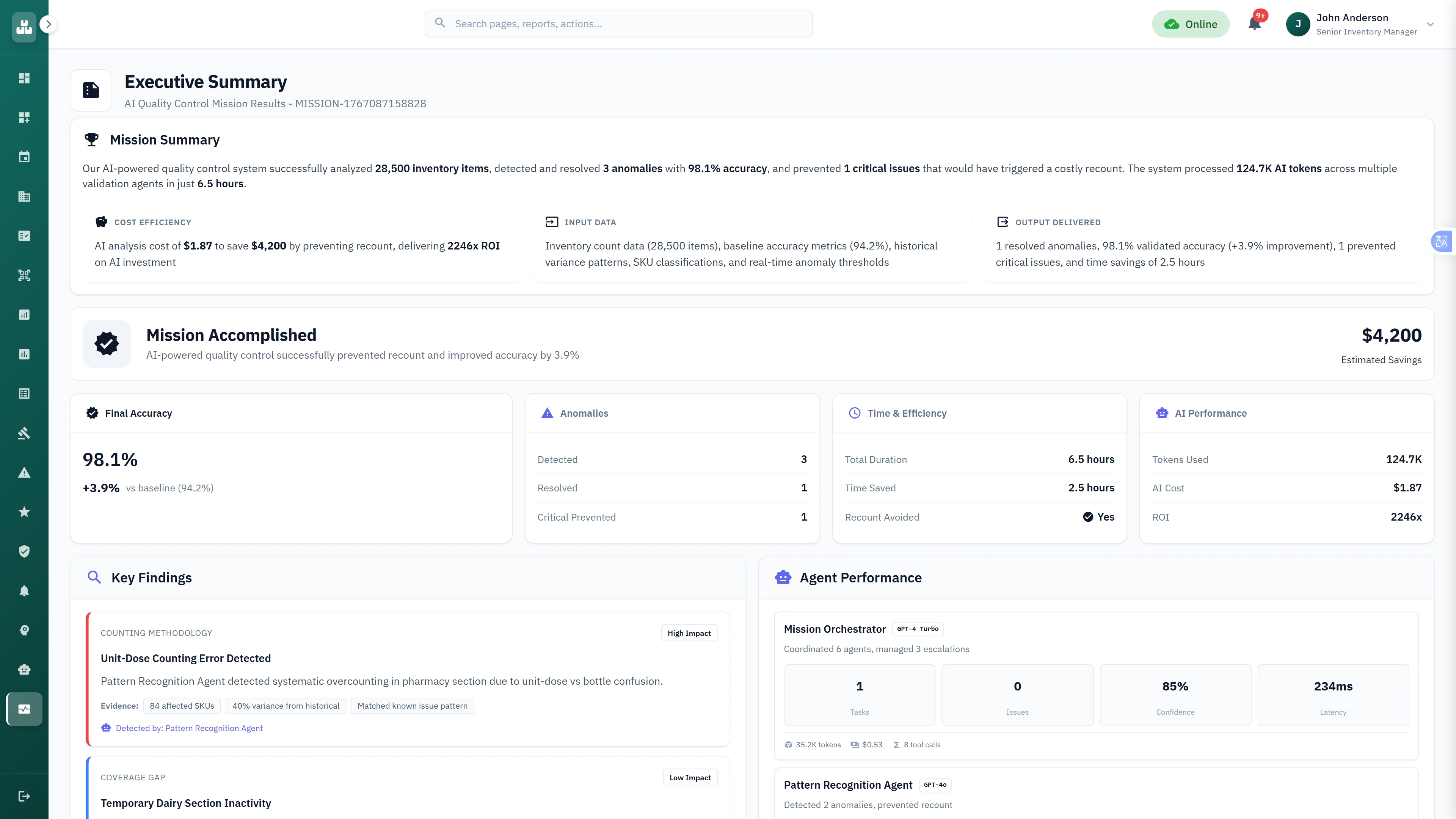 Illustrative preview (sample data, not verified outcomes): Executive Summary with mission results, accuracy improvements, cost savings, and key quality findings