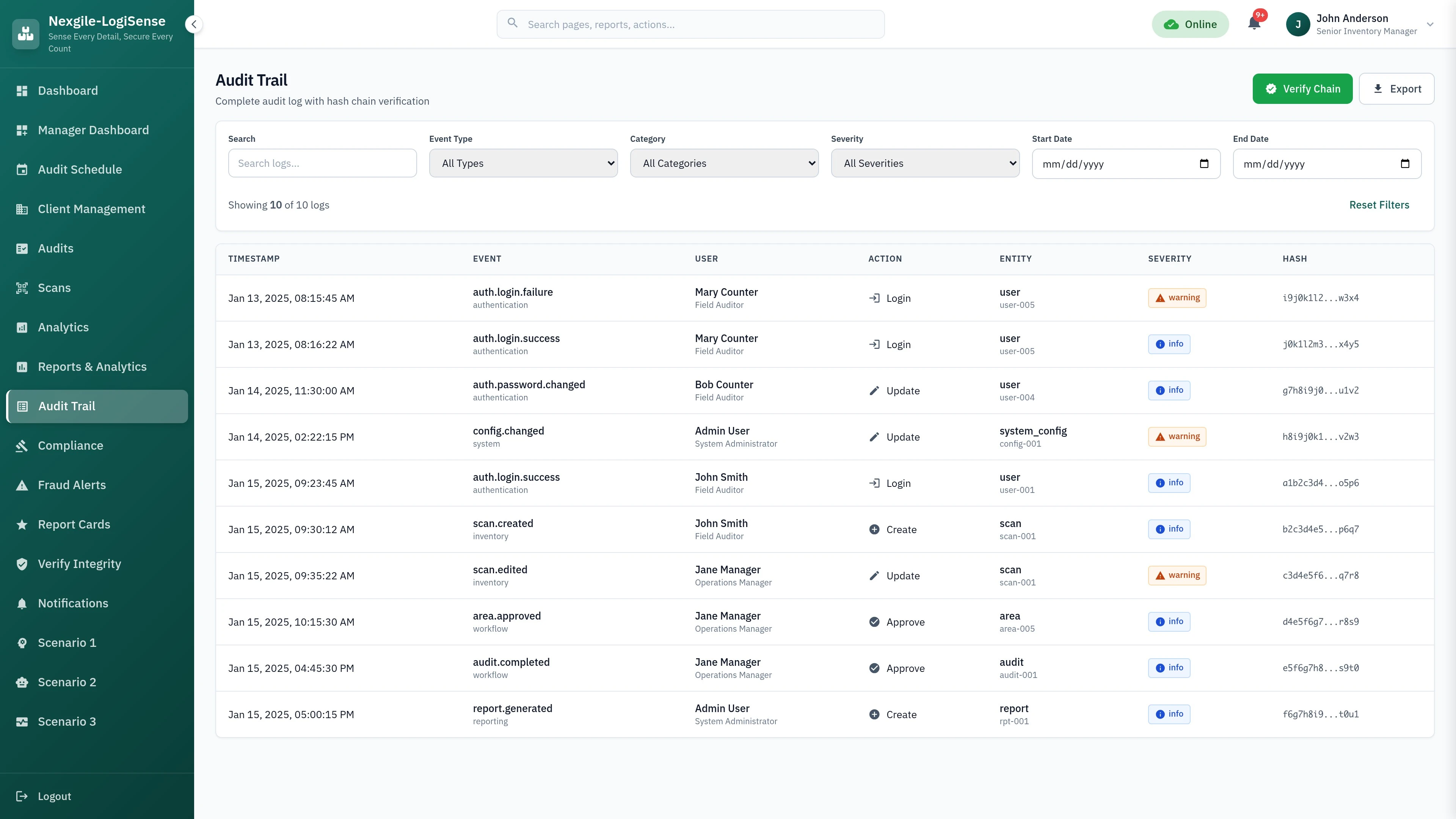 Illustrative preview (sample data, not verified outcomes): Audit Trail interface showing comprehensive audit compliance tracking