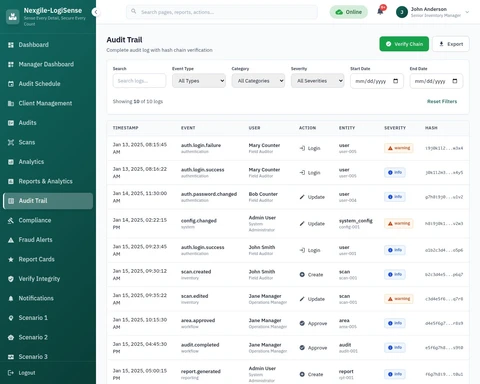 Illustrative preview (sample data, not verified outcomes): Audit Trail interface showing comprehensive audit compliance tracking