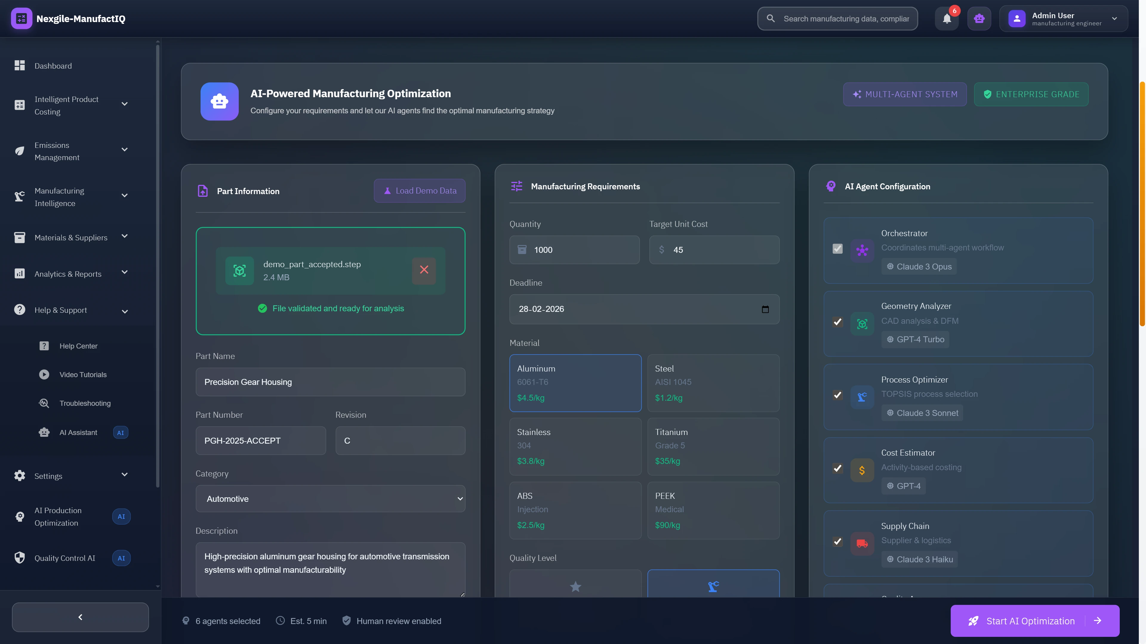Illustrative preview (sample data, not verified outcomes): Configuration interface for AI-powered manufacturing optimization showing CAD file upload, manufacturing requirements input, and multi-agent system configuration