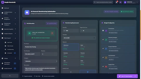 Illustrative preview (sample data, not verified outcomes): Configuration interface for AI-powered manufacturing optimization showing CAD file upload, manufacturing requirements input, and multi-agent system configuration