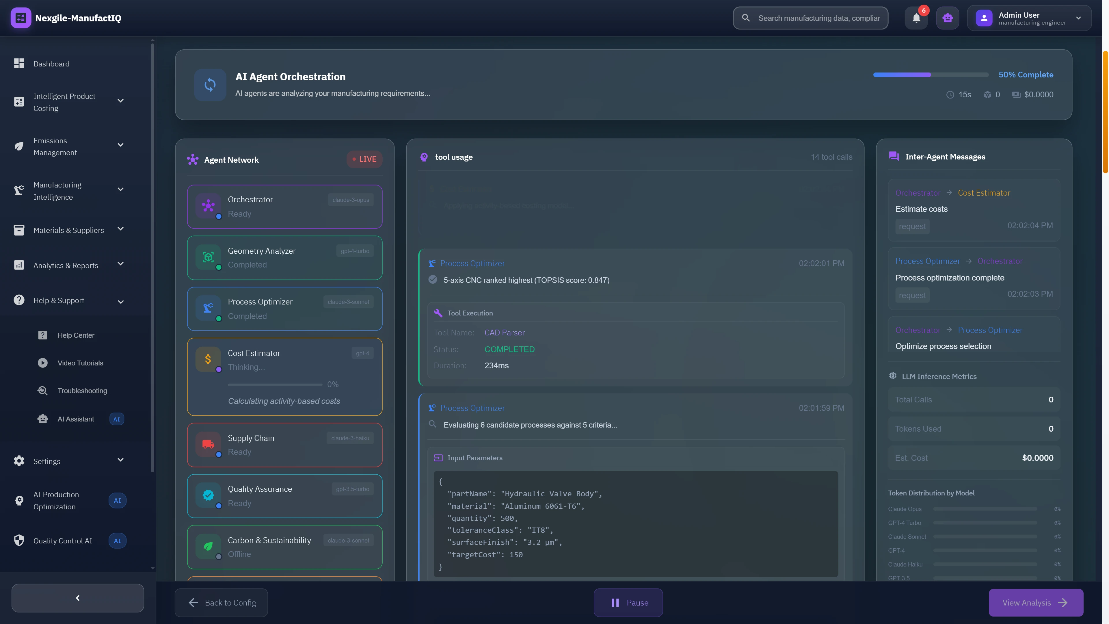 Illustrative preview (sample data, not verified outcomes): Live agent orchestration dashboard displaying real-time multi-agent workflow execution with tool usage, inter-agent messaging, and LLM inference metrics