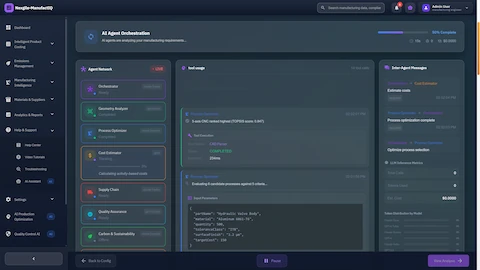 Illustrative preview (sample data, not verified outcomes): Live agent orchestration dashboard displaying real-time multi-agent workflow execution with tool usage, inter-agent messaging, and LLM inference metrics