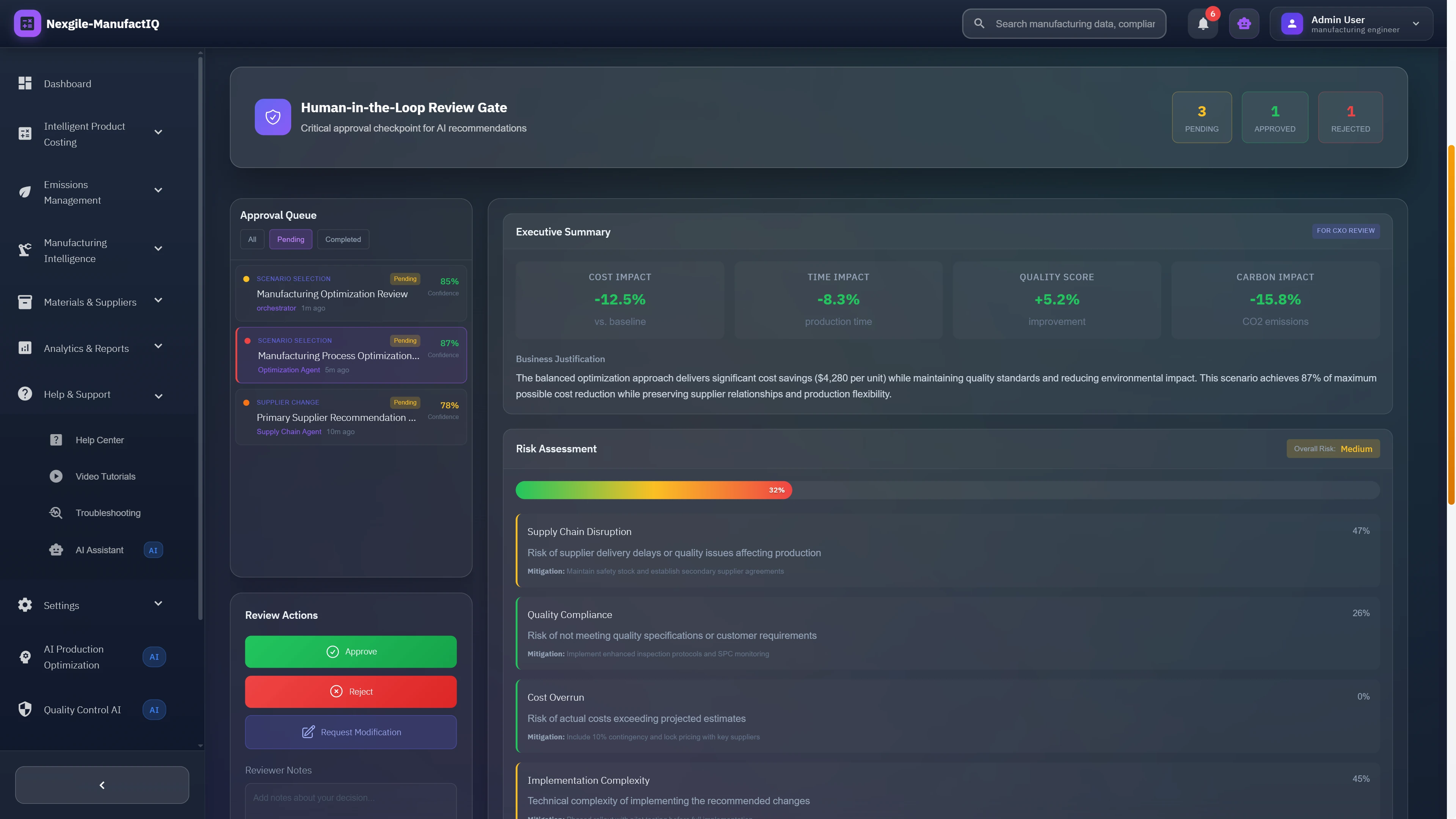 Illustrative preview (sample data, not verified outcomes): Human-in-the-loop review gate showing optimization scenarios with cost, time, quality, and carbon impact analysis for approval or modification